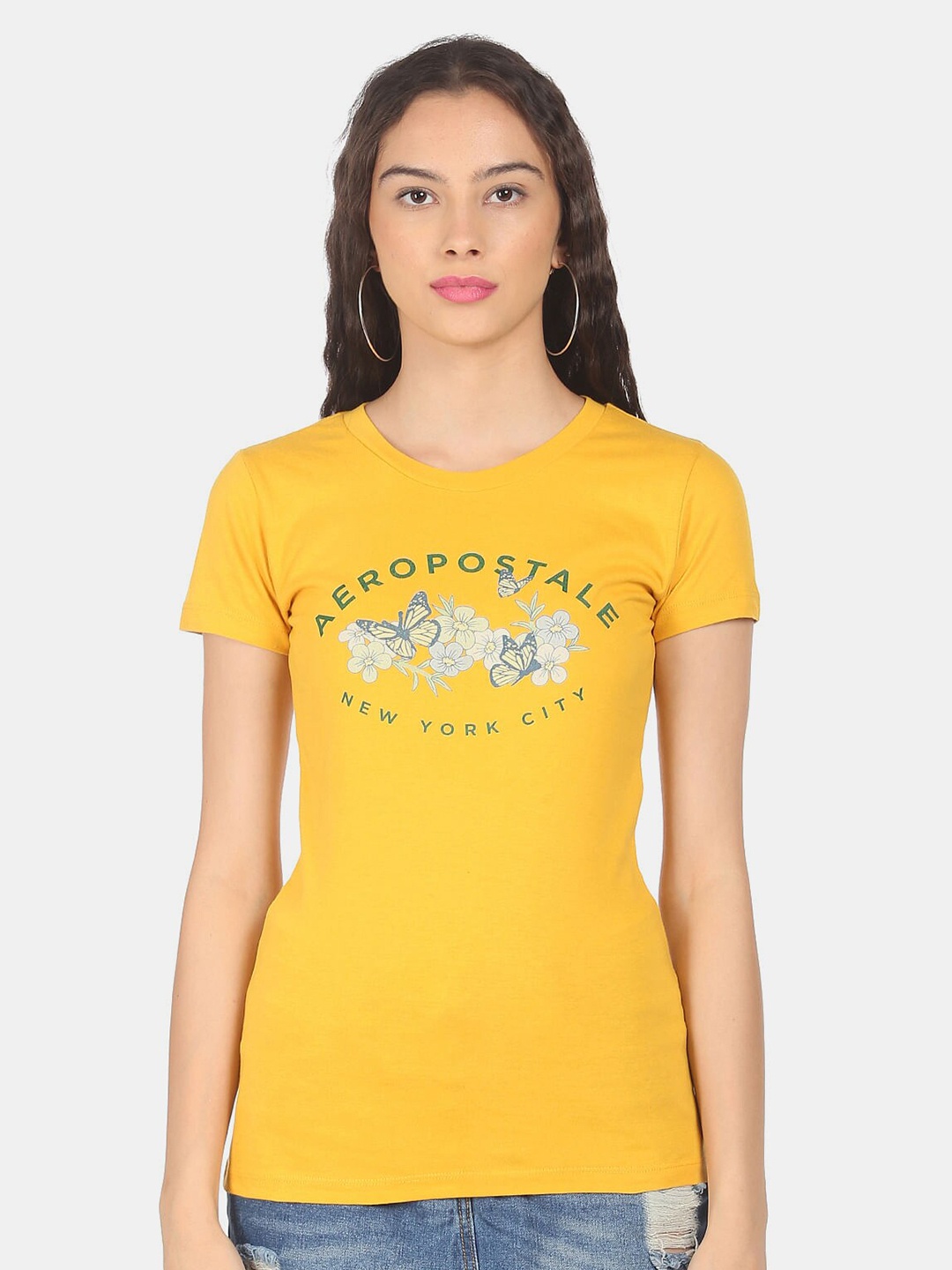 

Aeropostale Women Yellow Graphic Printed T-shirt