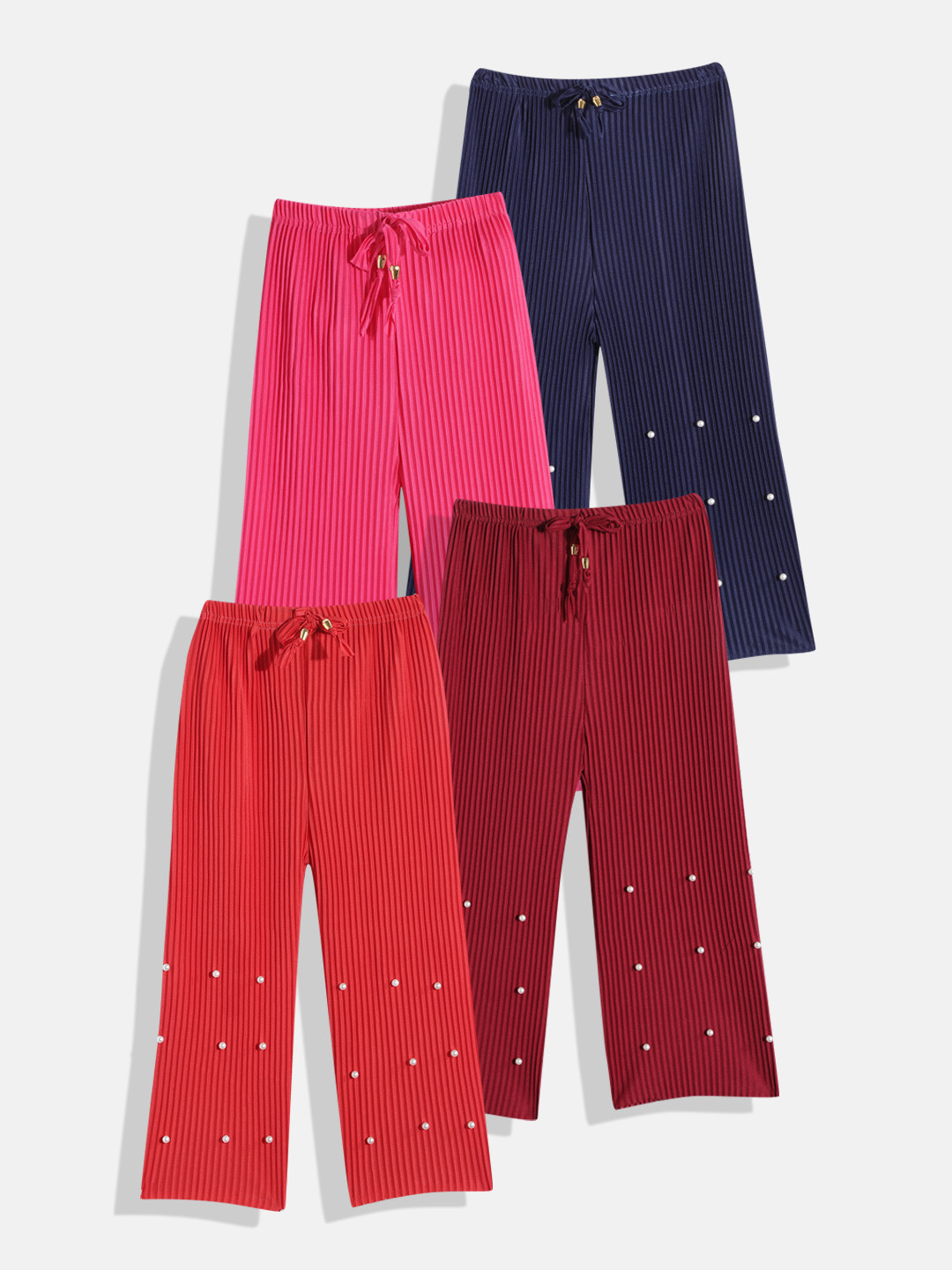 

MANZON Girls Pack of 4 Multicoloured Accordion Plated Palazzos with Beaded Detail, Multi
