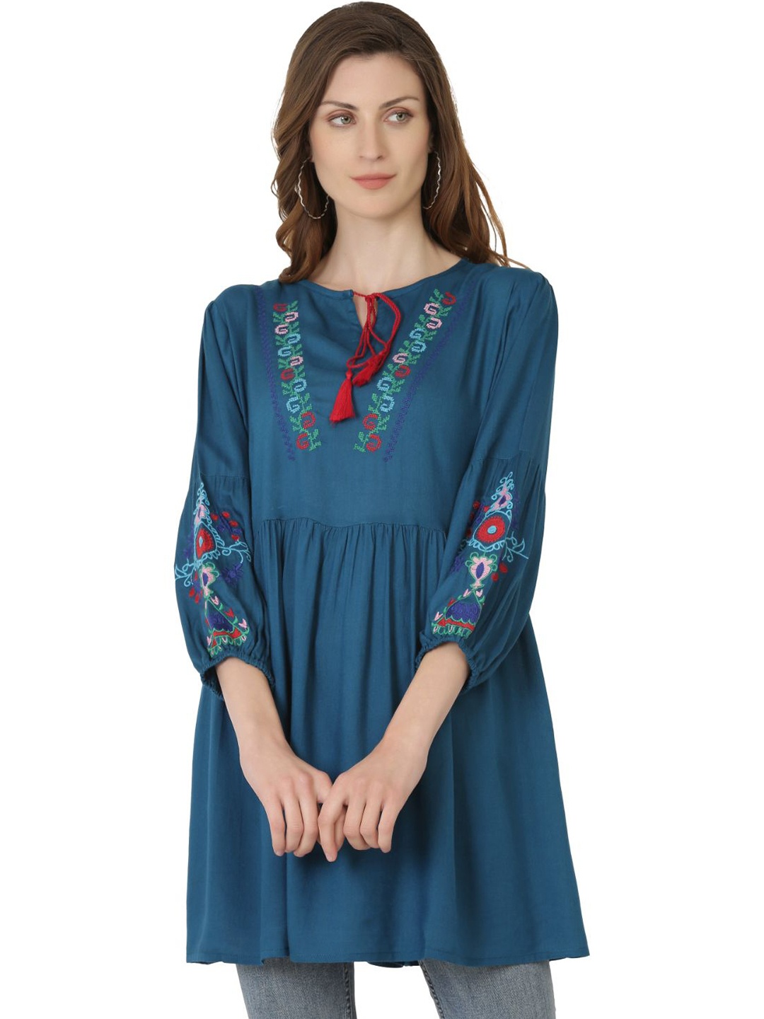 

SAAKAA Teal Blue Embroidered Tie-Up Neck Cinched Waist Longline Top