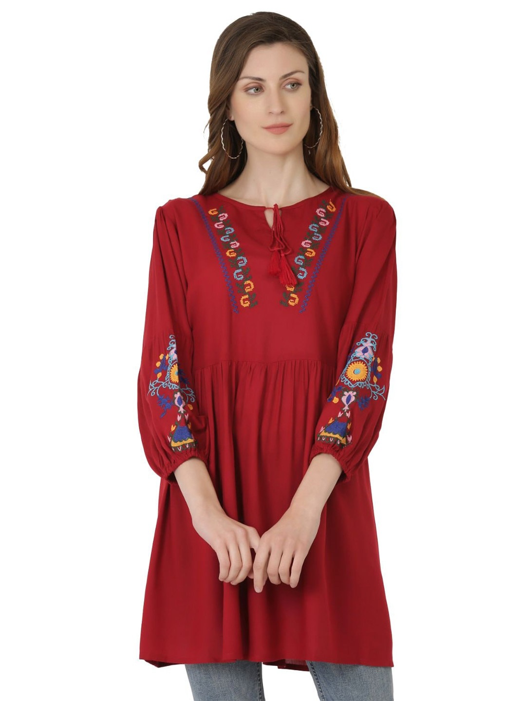 

SAAKAA Maroon Floral Embroidered Tie-Up Neck Top