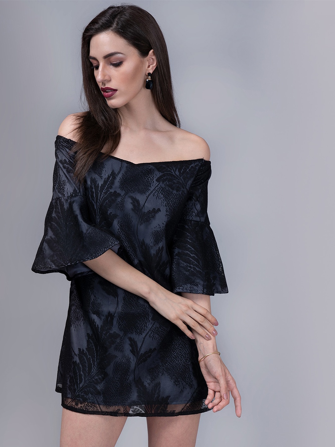

CLOSETHOOK Grey Floral Off-Shoulder Net Sheath Mini Dress