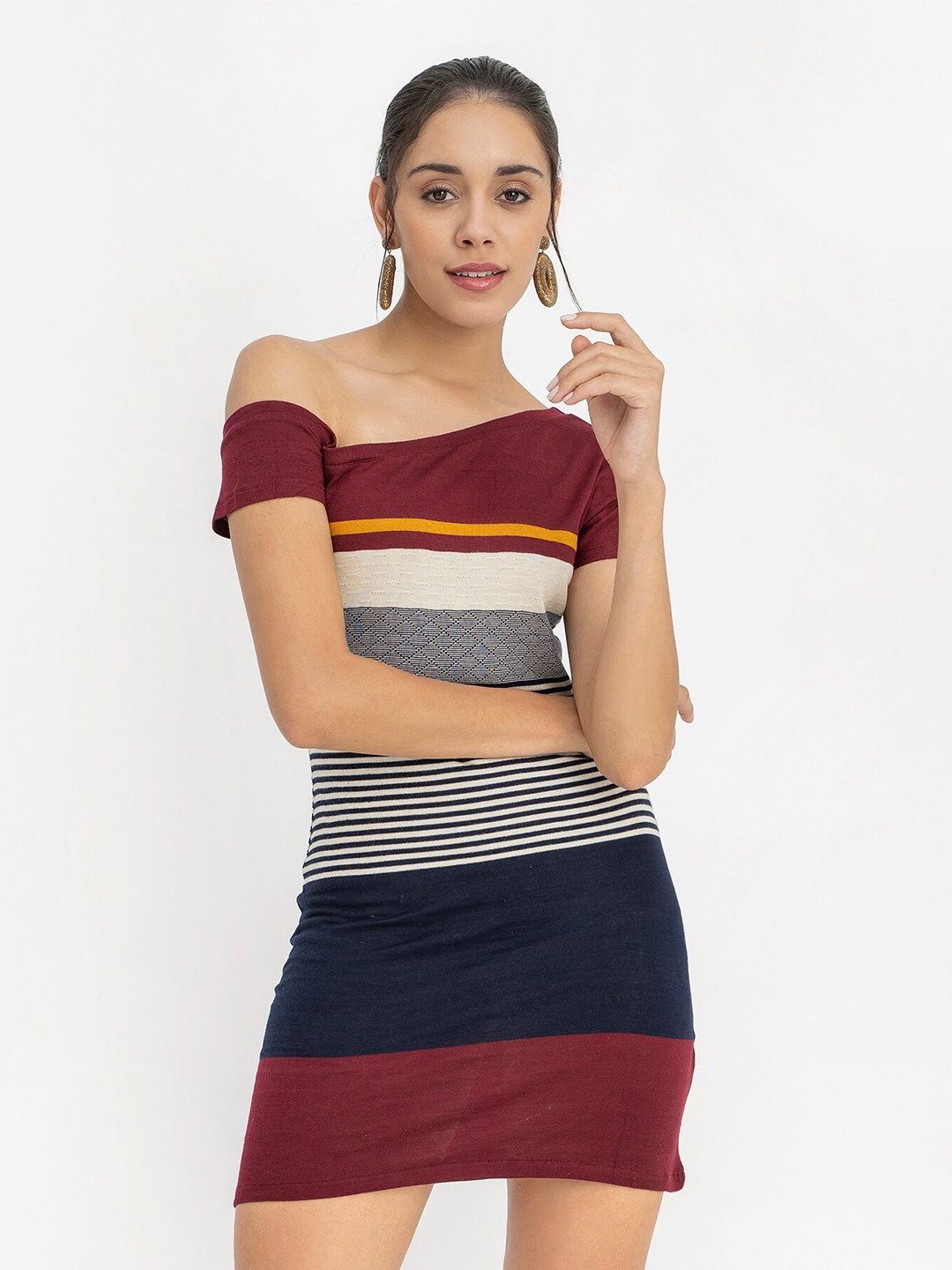 

CLOSETHOOK Maroon & Navy Blue Striped Off-Shoulder Bodycon Dress