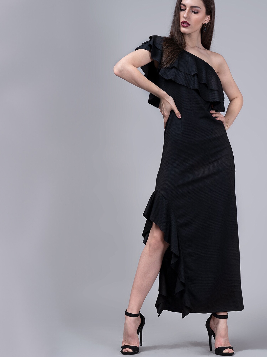 

CLOSETHOOK Black Asymmetric Ruffled Maxi Dress