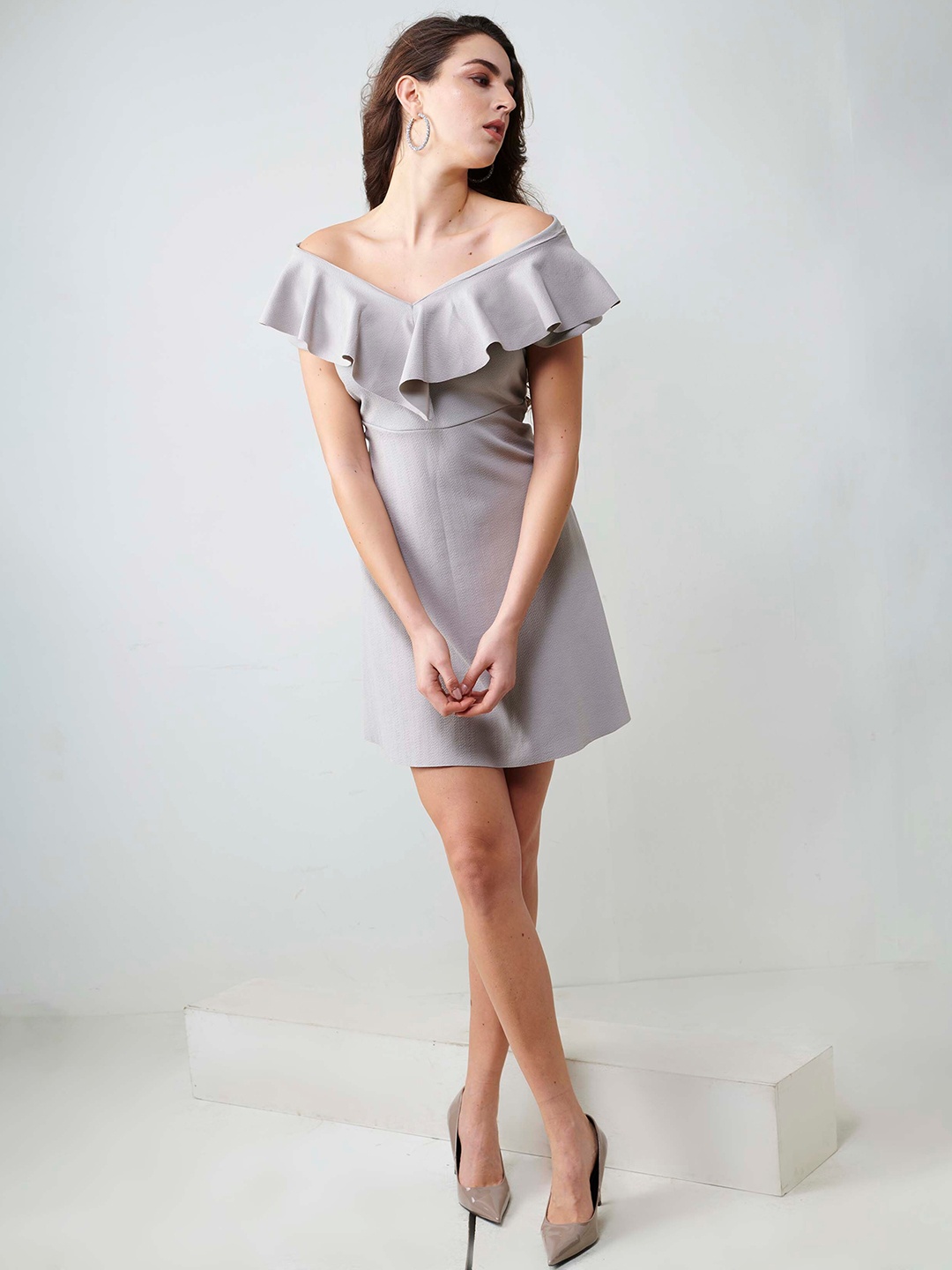 

CLOSETHOOK Grey Off-Shoulder Ruffled Dress