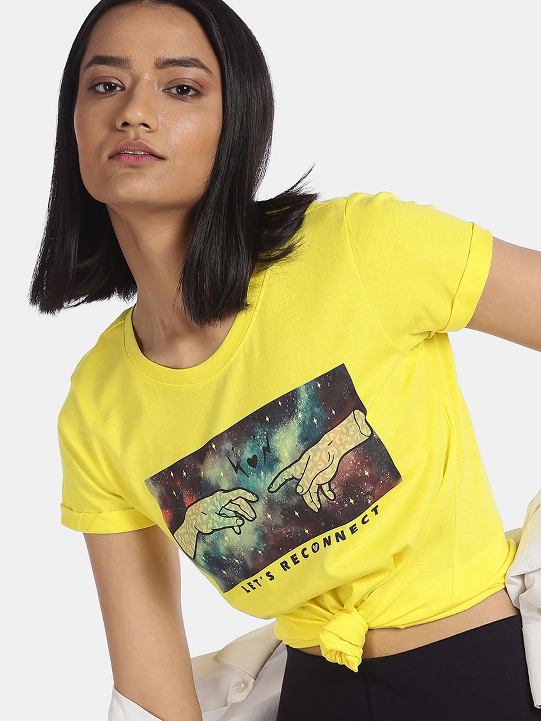 

Sugr Women Yellow Printed Pure Cotton T-shirt