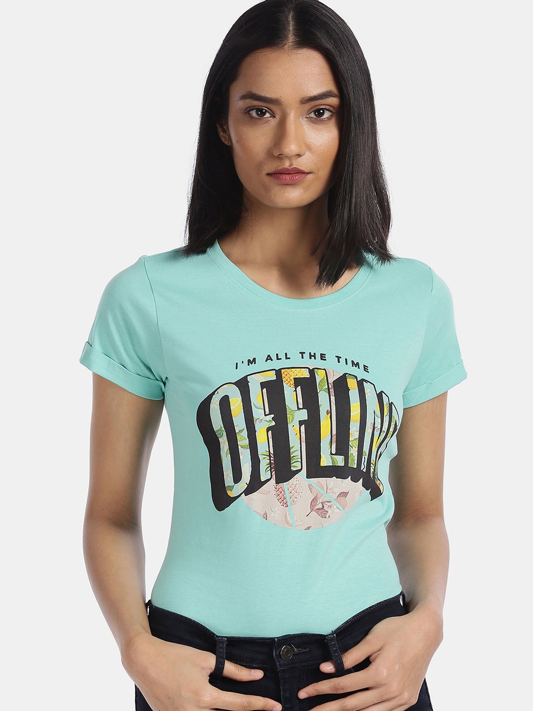 

Sugr Women Blue Typography Printed T-shirt 100% Cotton