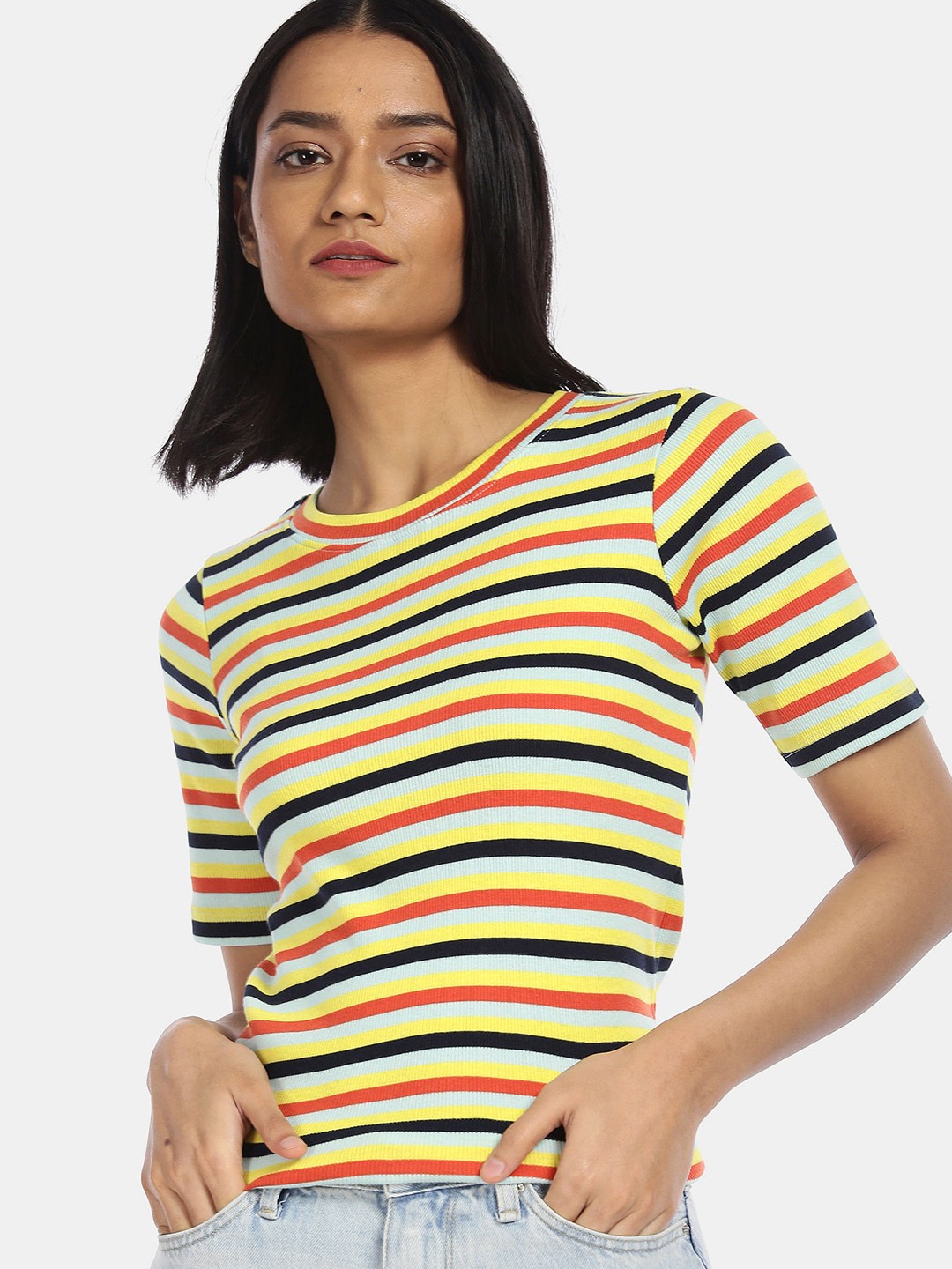 

Sugr Women Yellow & Black Striped Cotton T-shirt