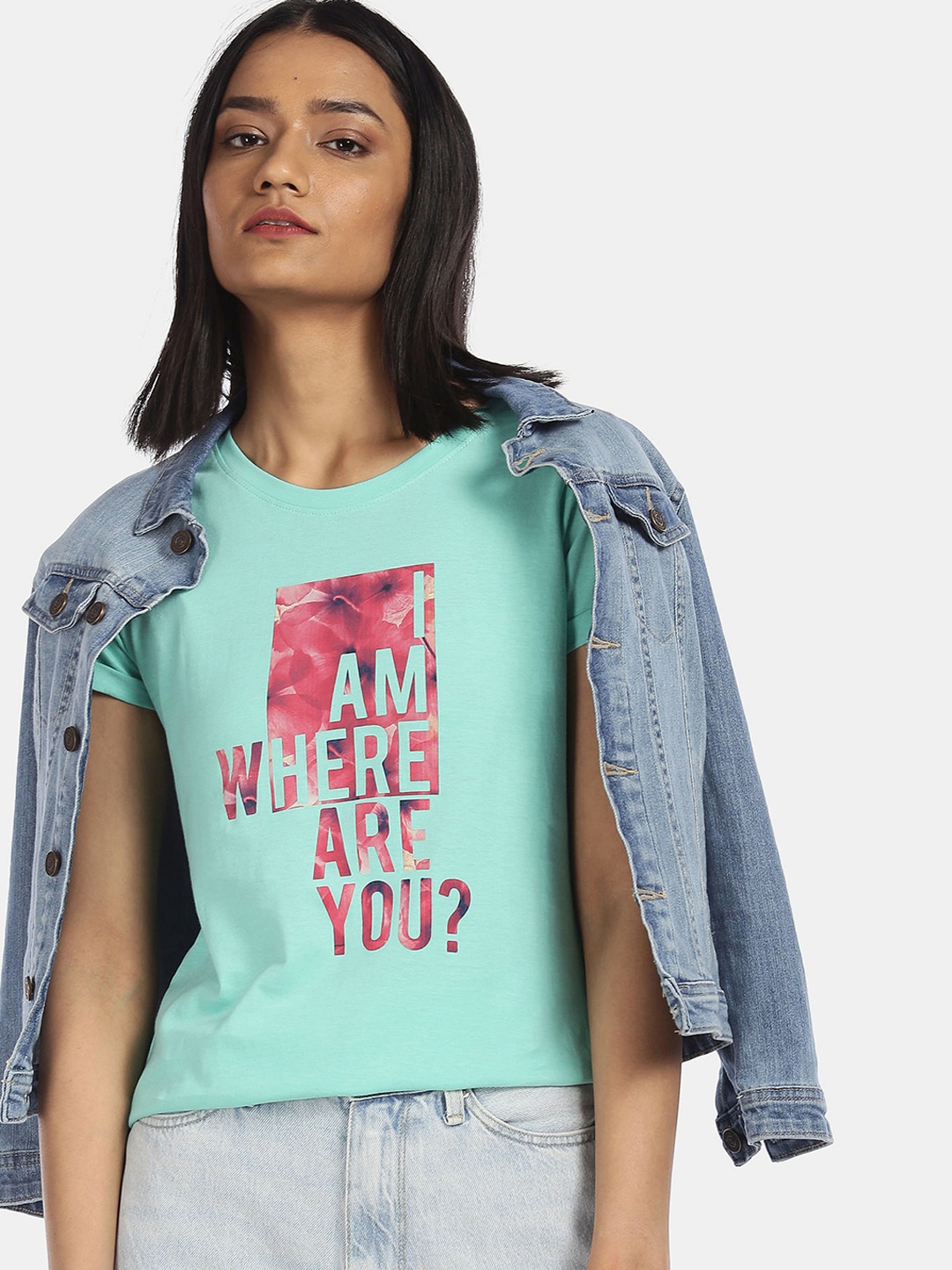 

Sugr Women Sea Green Typography Printed Pure Cotton T-shirt