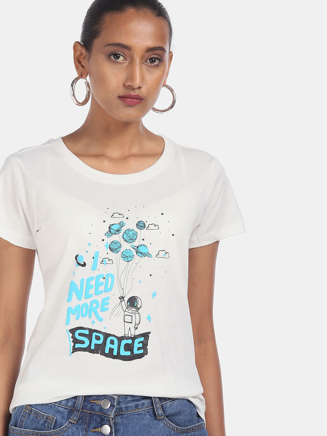 

Sugr Women White & Blue Printed Cotton T-shirt