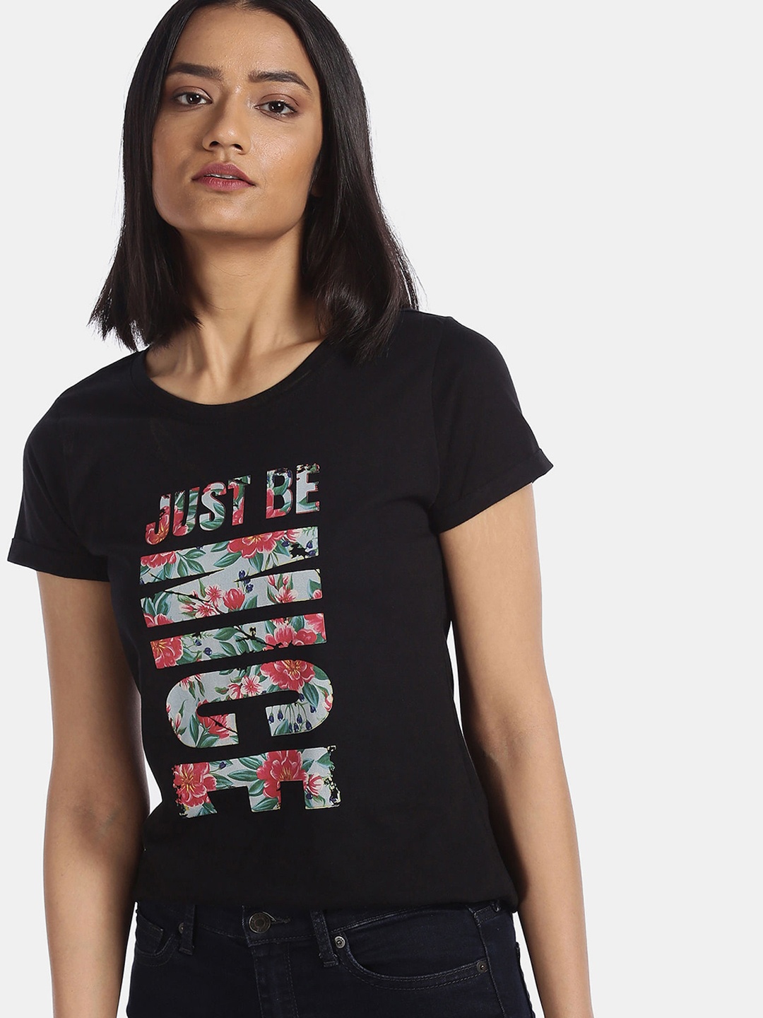

Sugr Women Black Typography Printed Cotton T-shirt