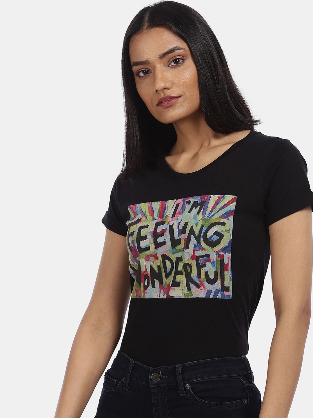 

Sugr Women Black Graphic Printed Pure Cotton T-shirt