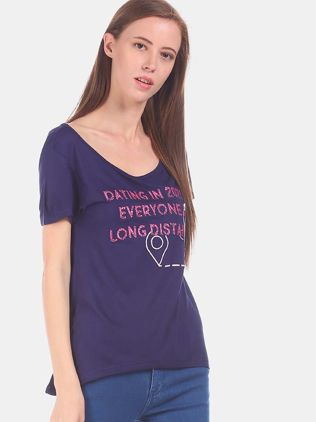 

Sugr Women Navy Blue Typography Printed T-shirt