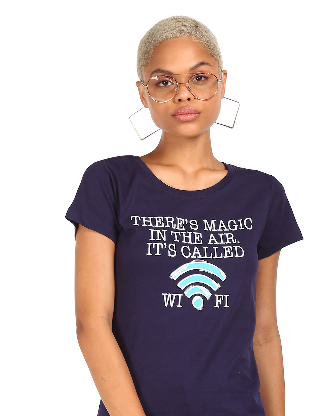 

Sugr Women Navy Blue Typography Printed Cotton T-shirt