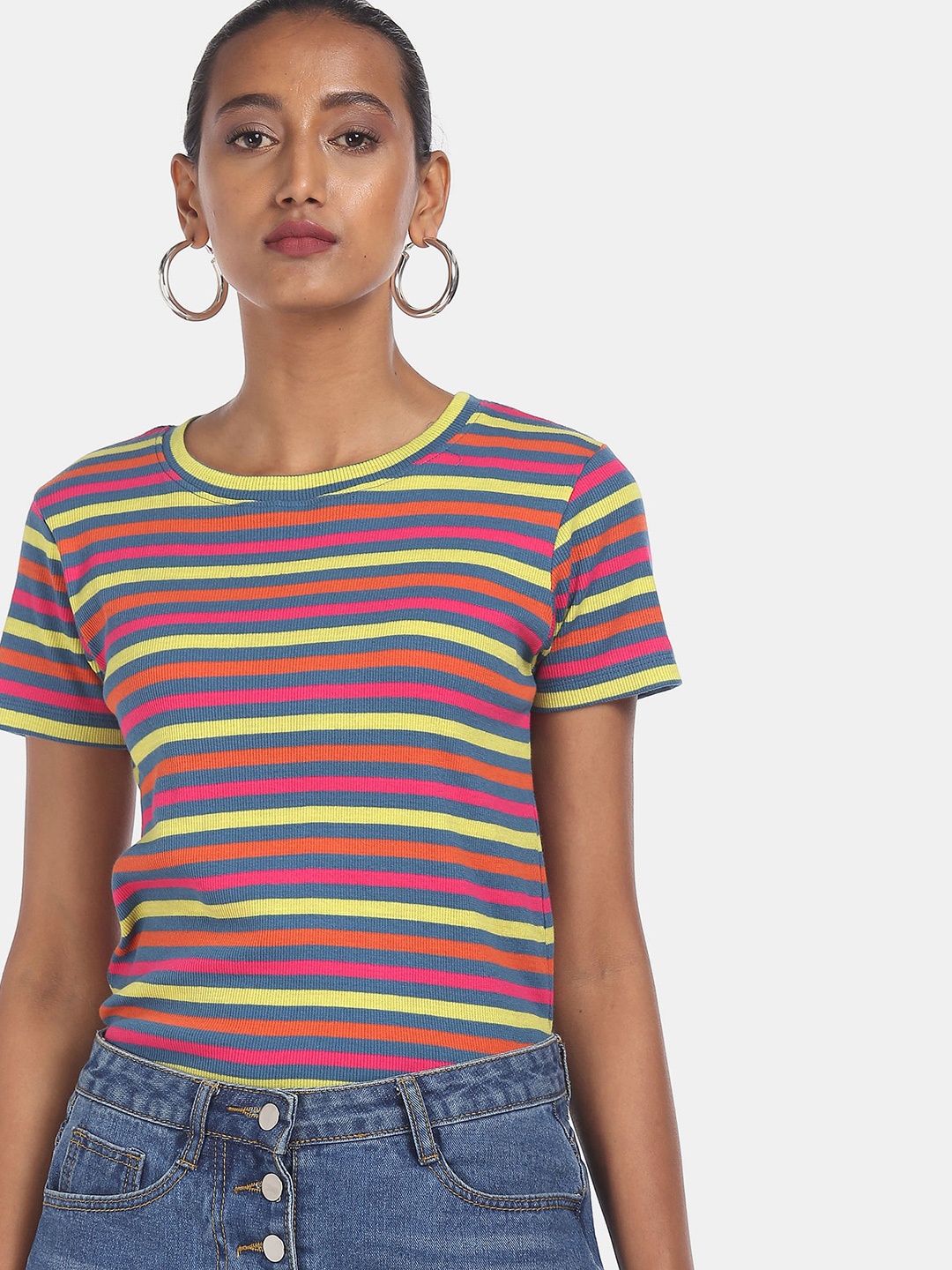 

Sugr Women Multicoloured Striped 100% Cotton T-shirt, Multi