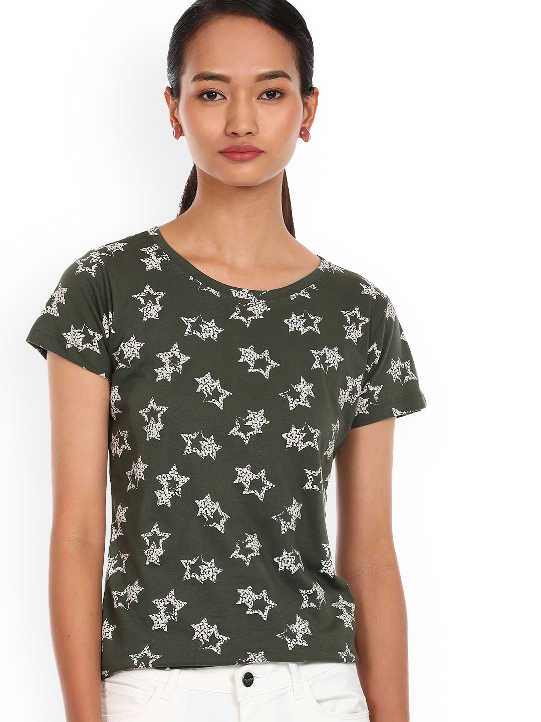 

Sugr Women Olive Green & White Printed Cotton Regular T-shirt