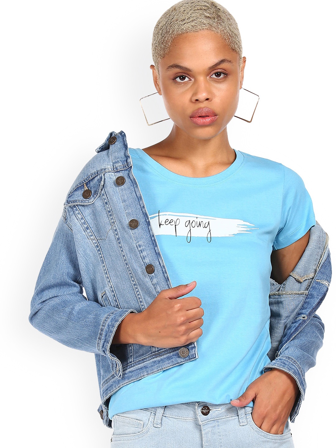 

Sugr Women Blue Typography Printed Cotton T-shirt