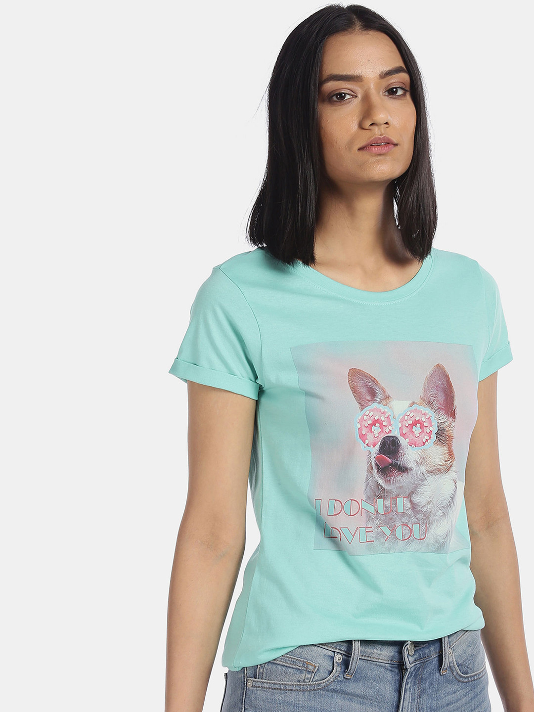 

Sugr Women Blue Graphic Printed Cotton T-shirt