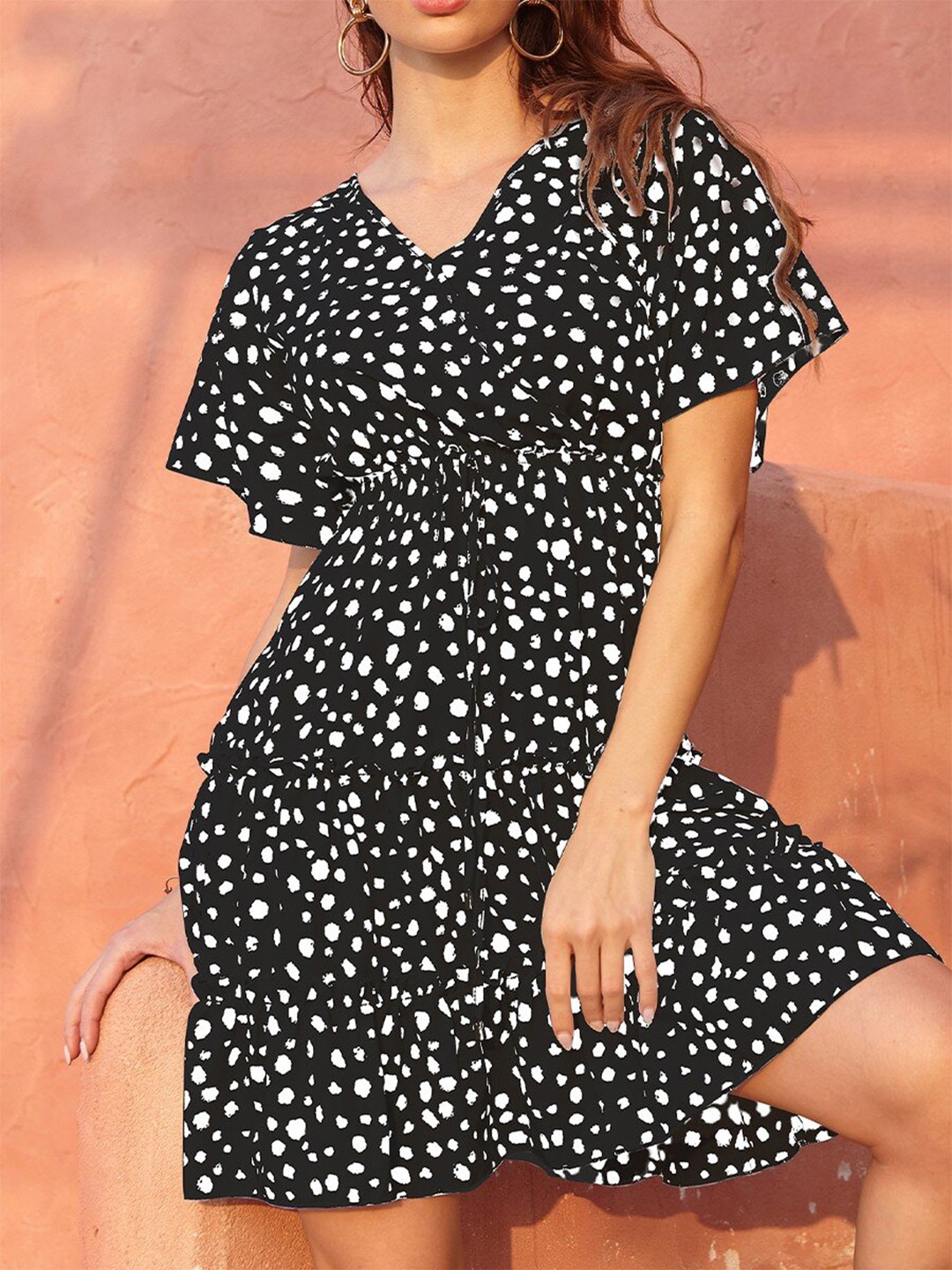 

La Aimee Women Black Abstract Ruffle Fit and Flare Dress
