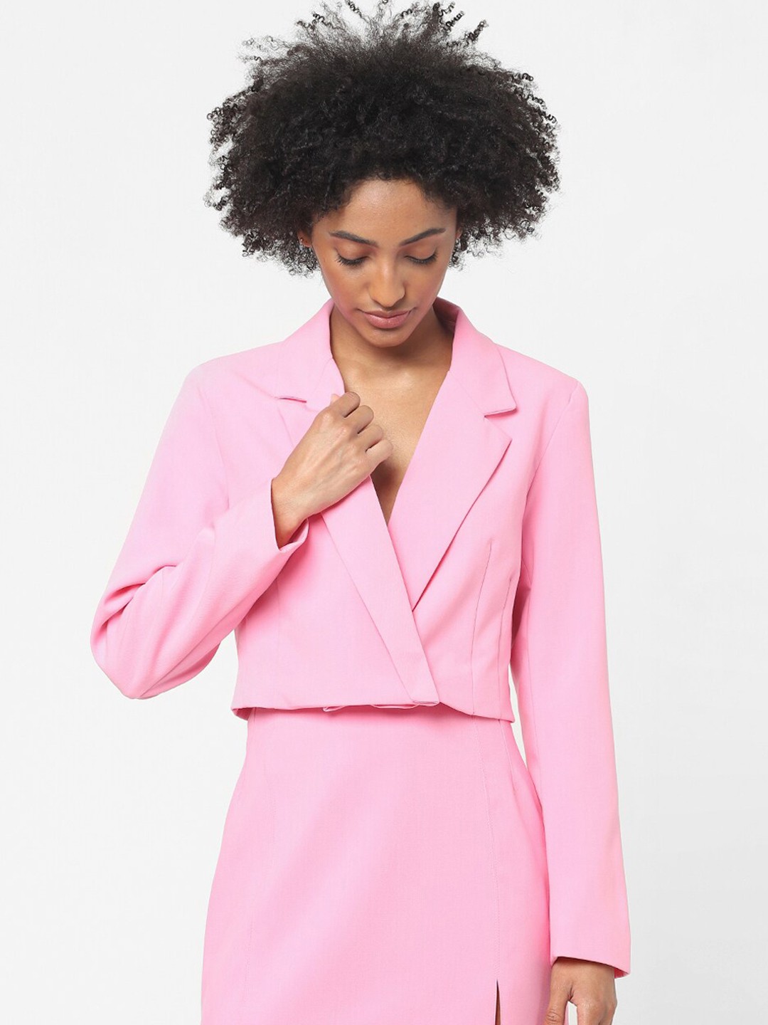

ONLY Women Pink Solid Single Breasted Crop Casual Blazer