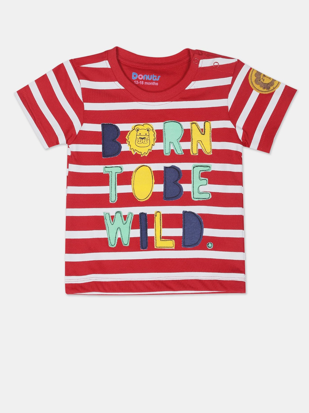 

Donuts Boys Red And White Round Neck Horizontal Striped Applique T-shirt