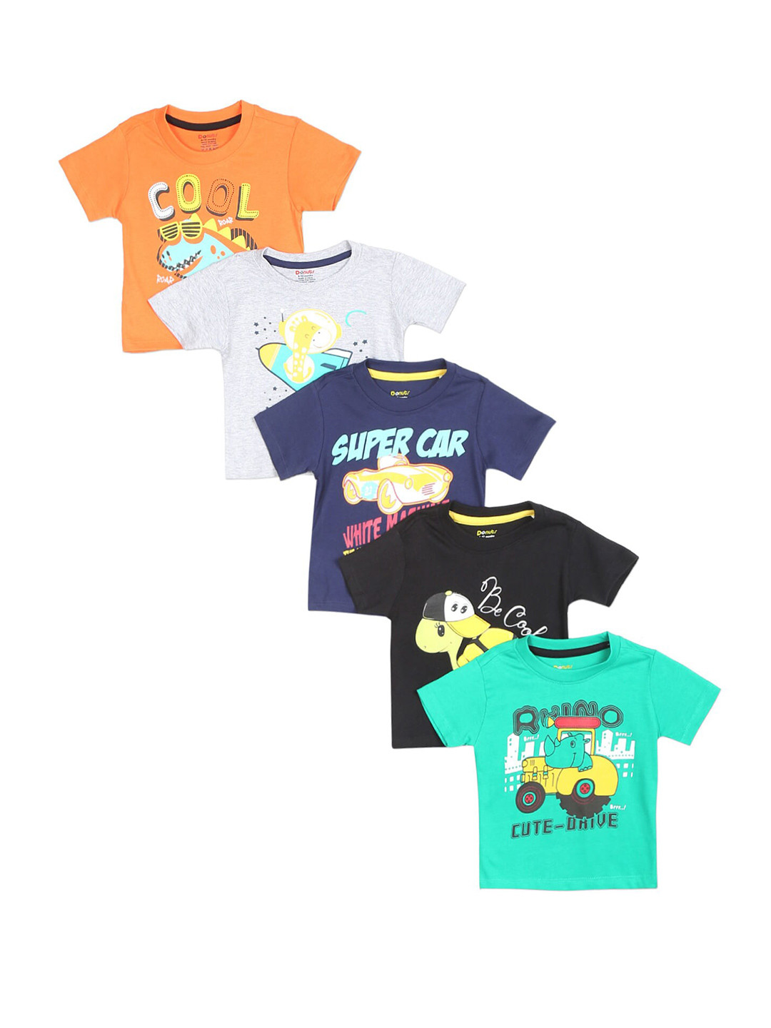 

Donuts Boys Set Of 5 Blue, Green, Orange, Black & White Graphic Printed T-shirts