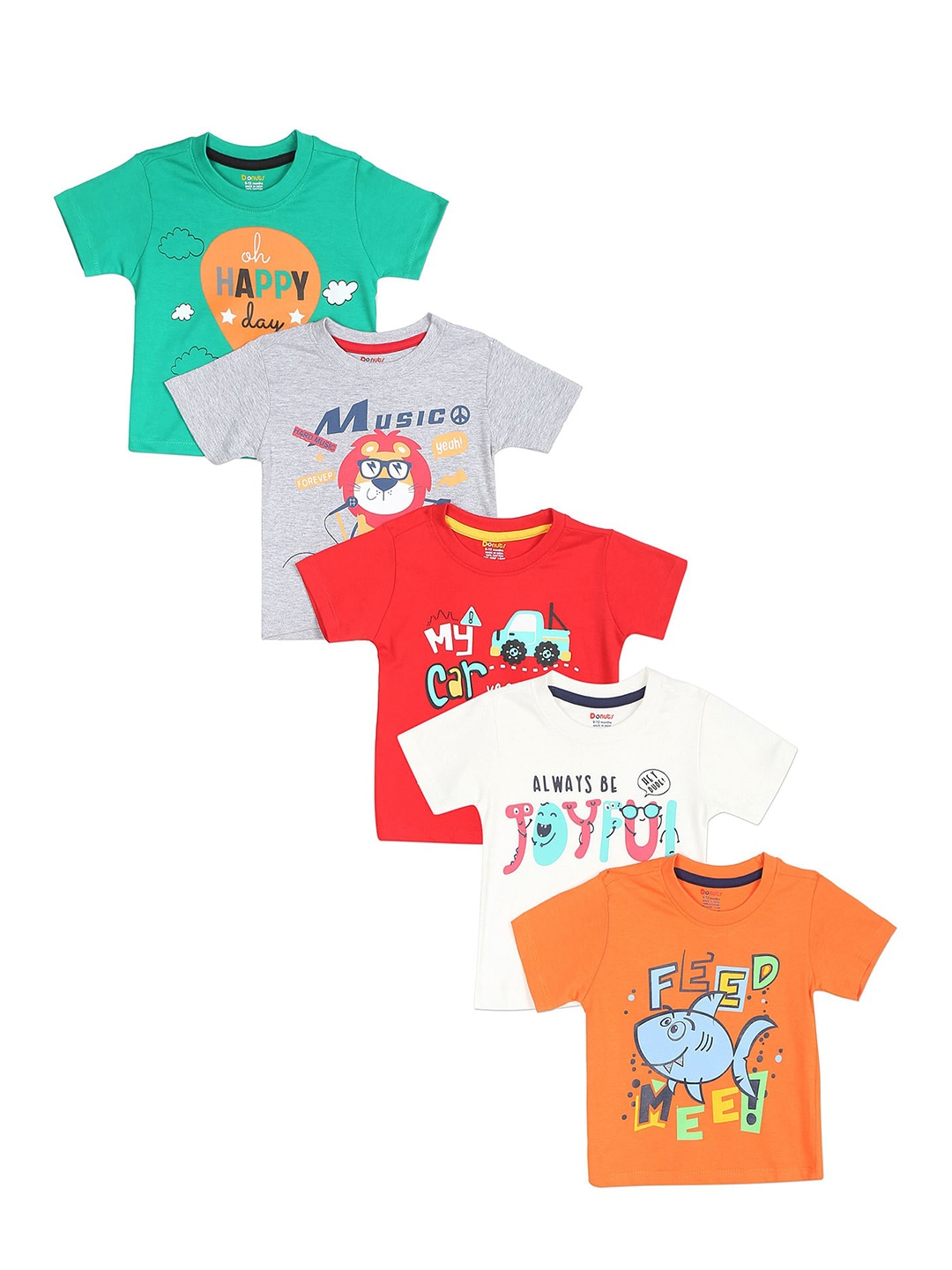 

Donuts Boys Set Of 5 Orange, Red, Green, Grey & White Graphic Printed T-shirts