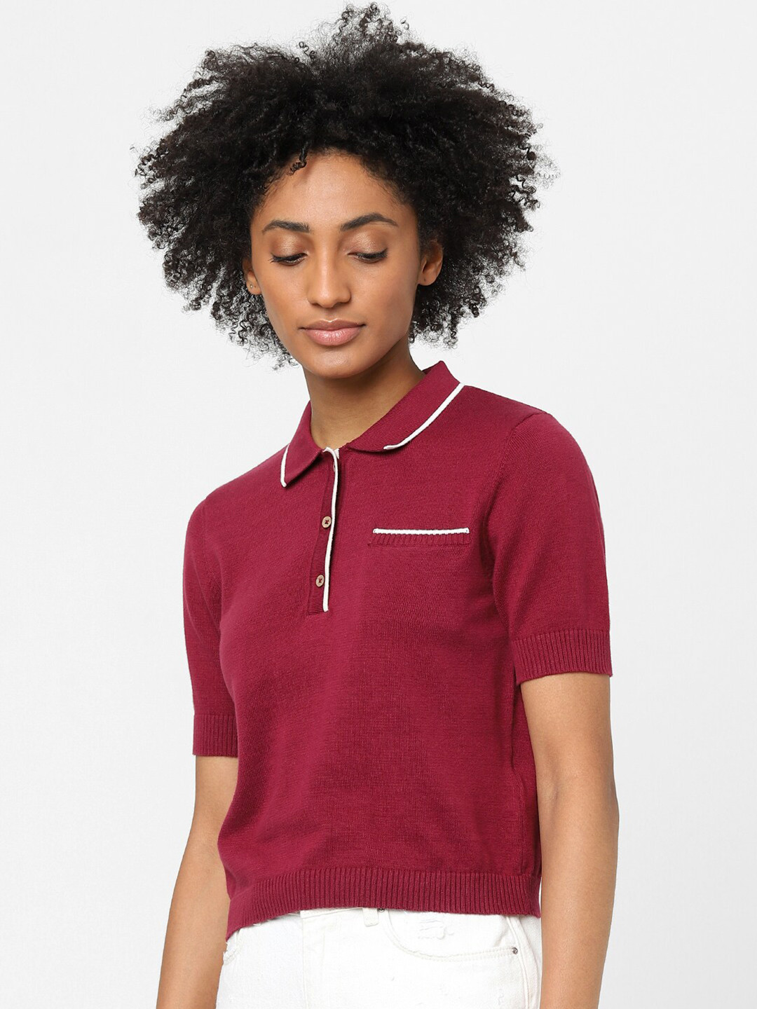 

ONLY Women Maroon Polo Collar T-shirt
