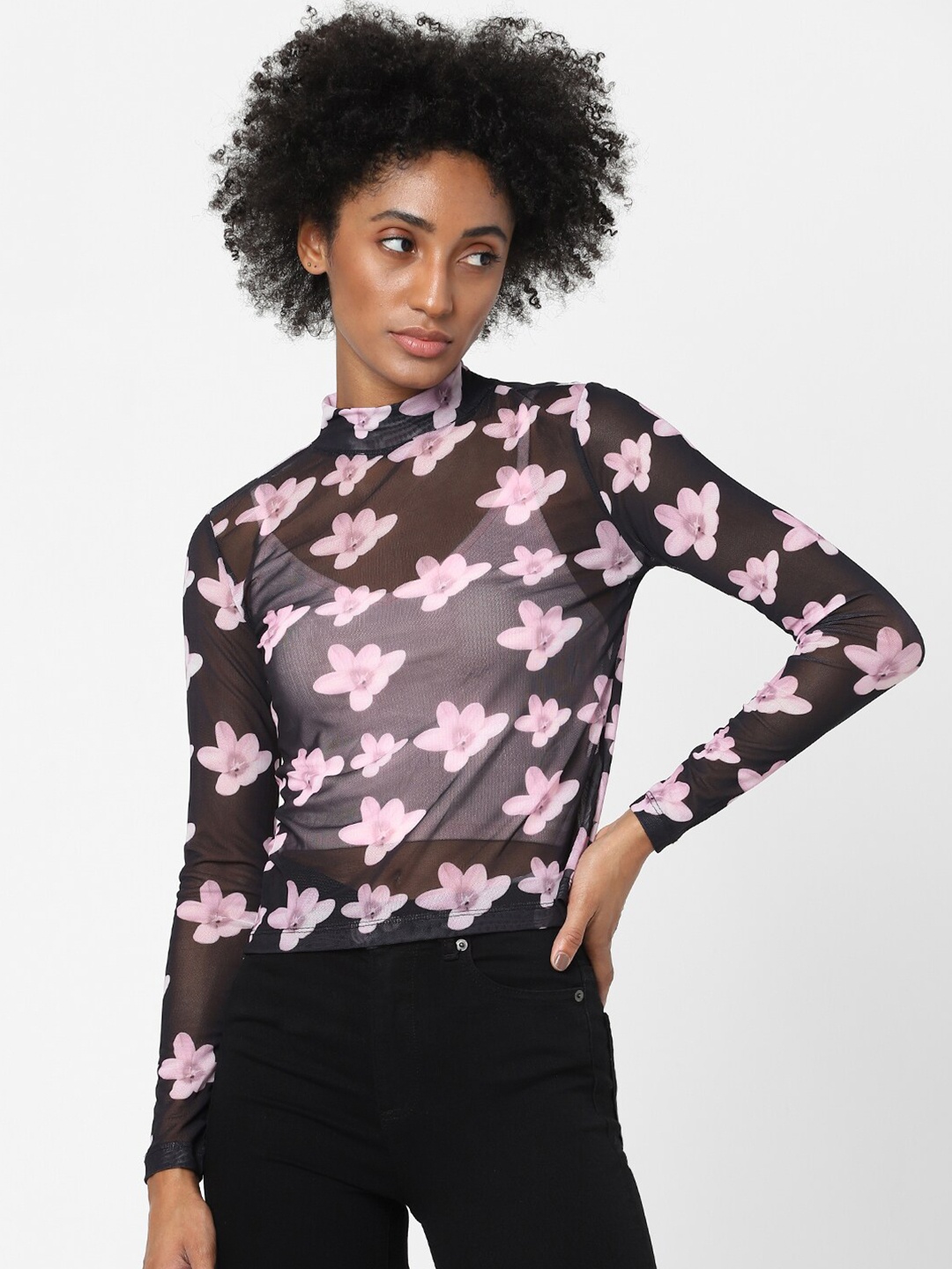 

ONLY Women Black & Pink Floral High Neck Regular Top