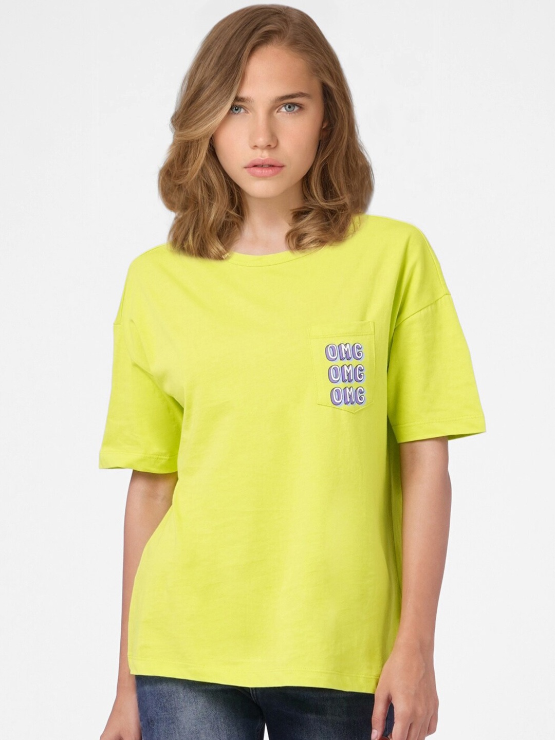 

ONLY Women Lime Green Solid Cotton T-shirt