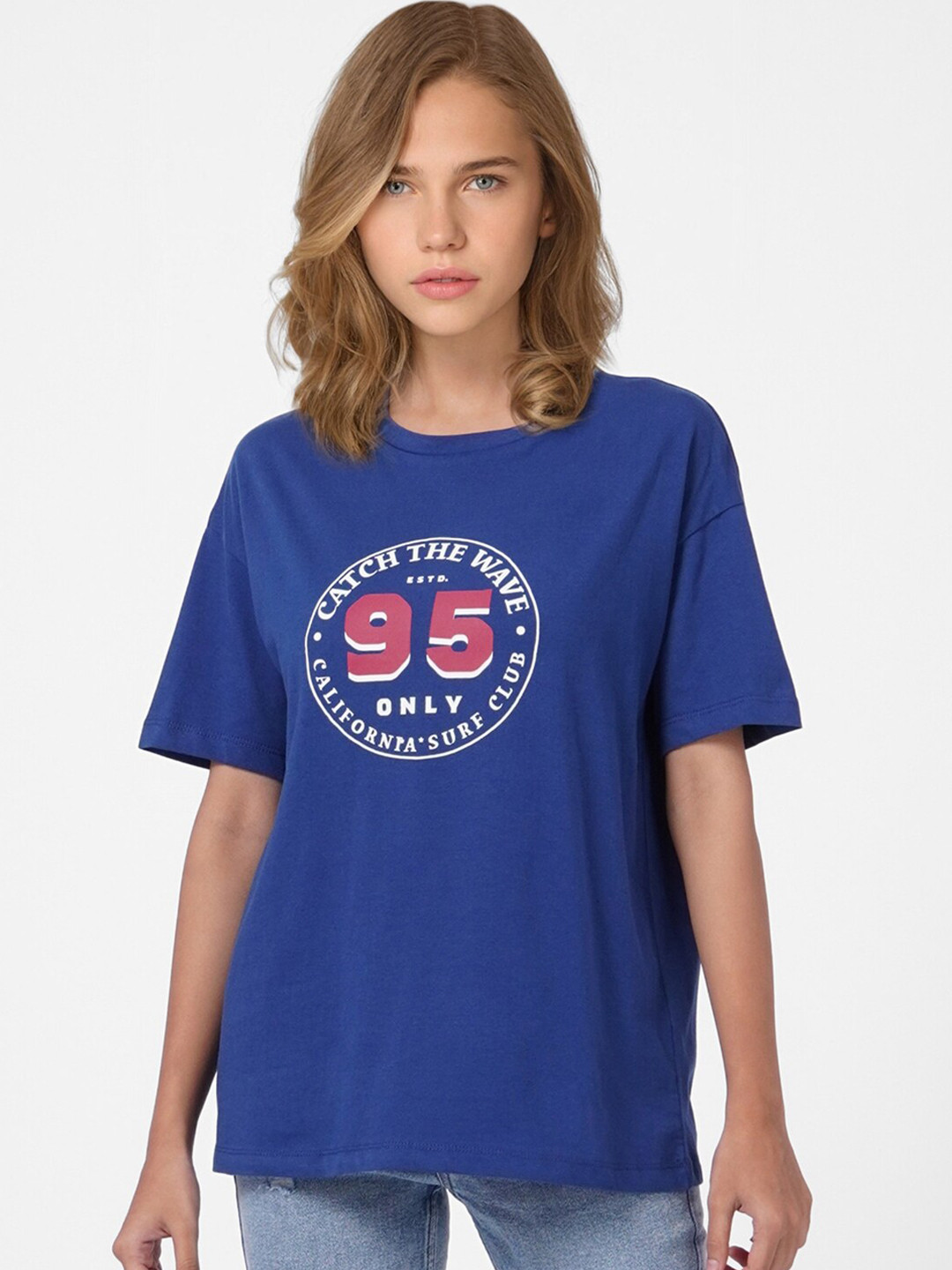 

ONLY Women Navy Blue Printed Cotton T-shirt