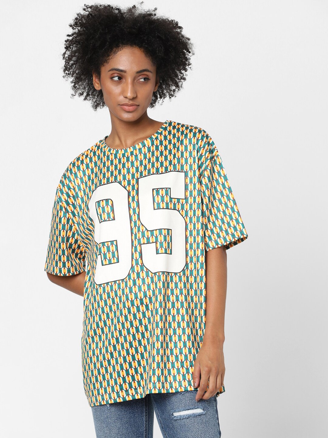 

ONLY Women Green Printed Applique Oversized T-shirt