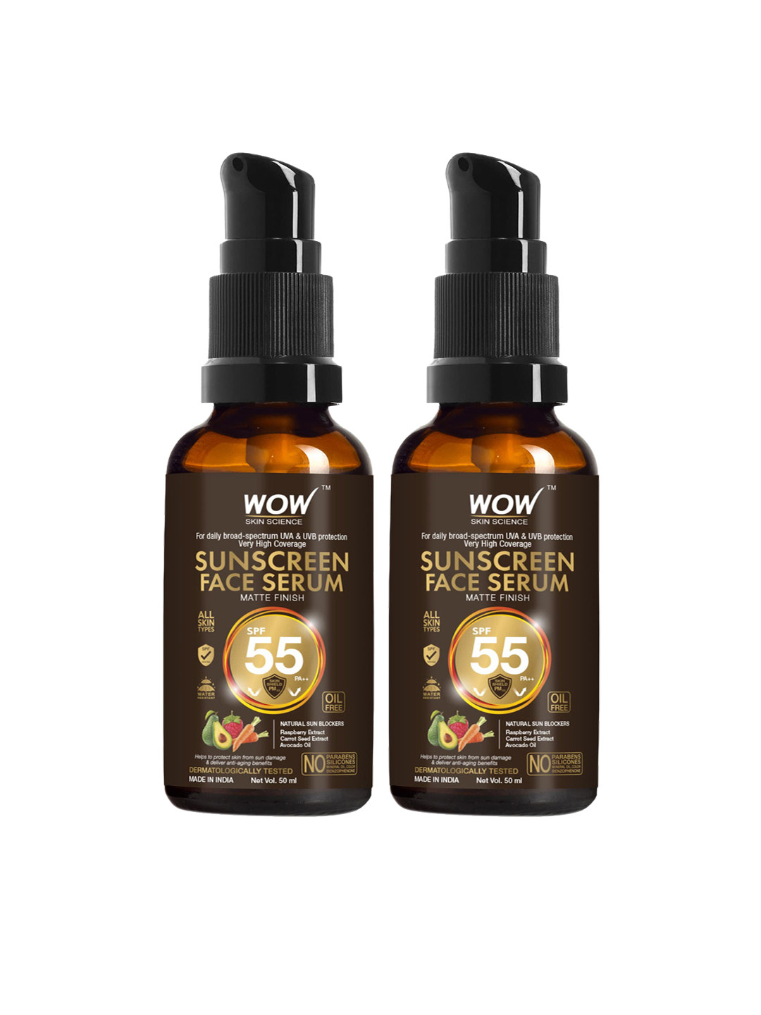 

WOW SKIN SCIENCE Set of 2 Matte Finish SPF55 Sunscreen Face Serums - 50ml each, Brown