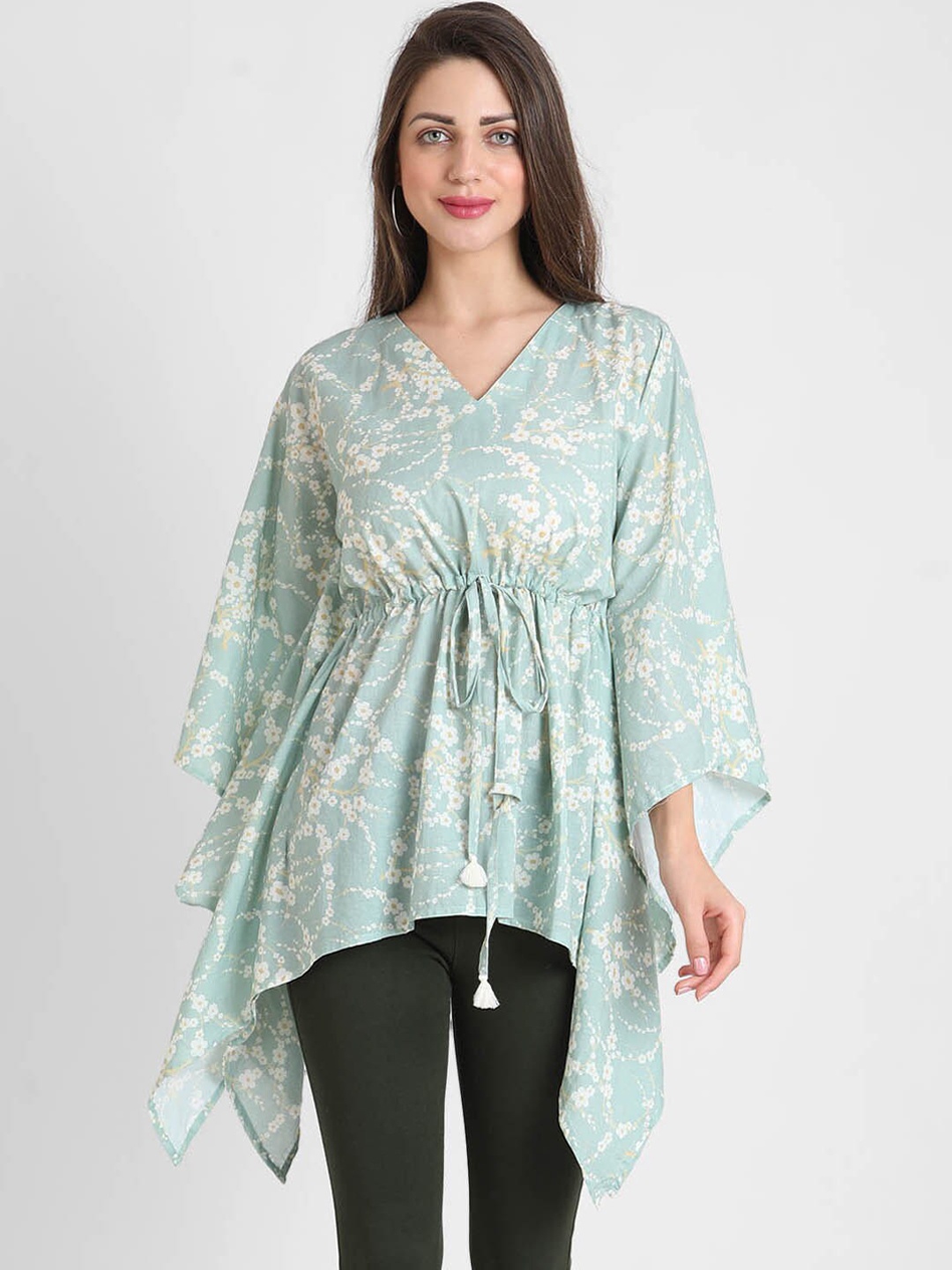 

KOOCHI POOCHI Green & White Floral Print Pure Cotton Kaftan Longline Top