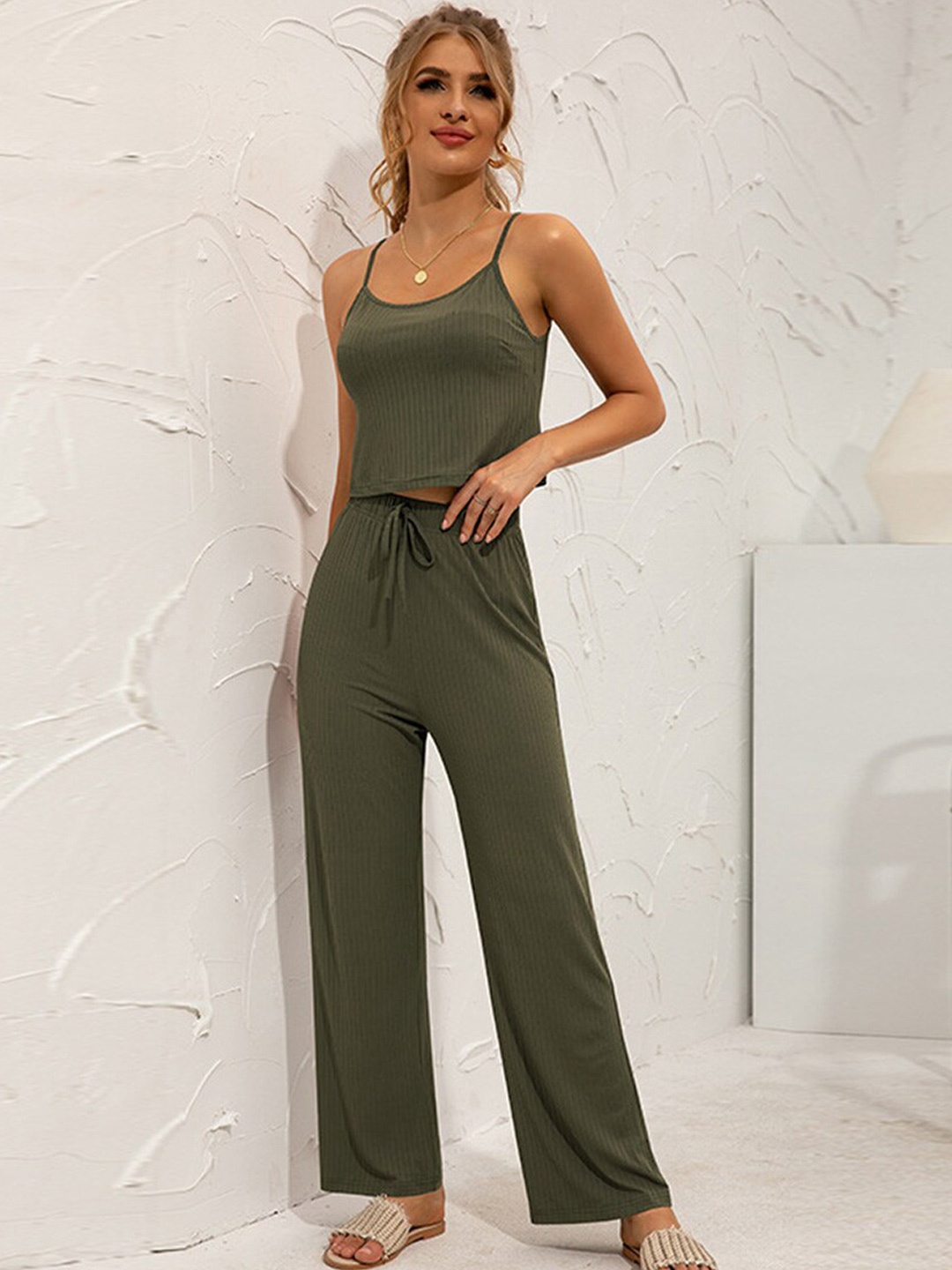 

BoStreet Women Olive Green Striped T-shirt with Palazzos