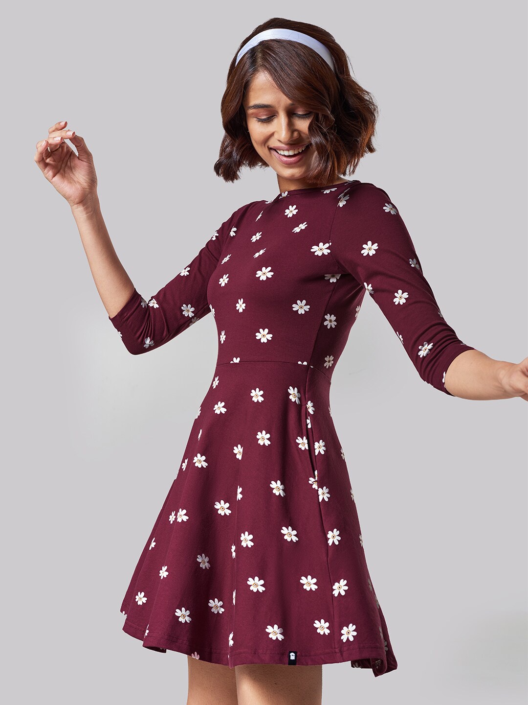 

The Souled Store Burgundy Floral Printed Fit And Flare Dress