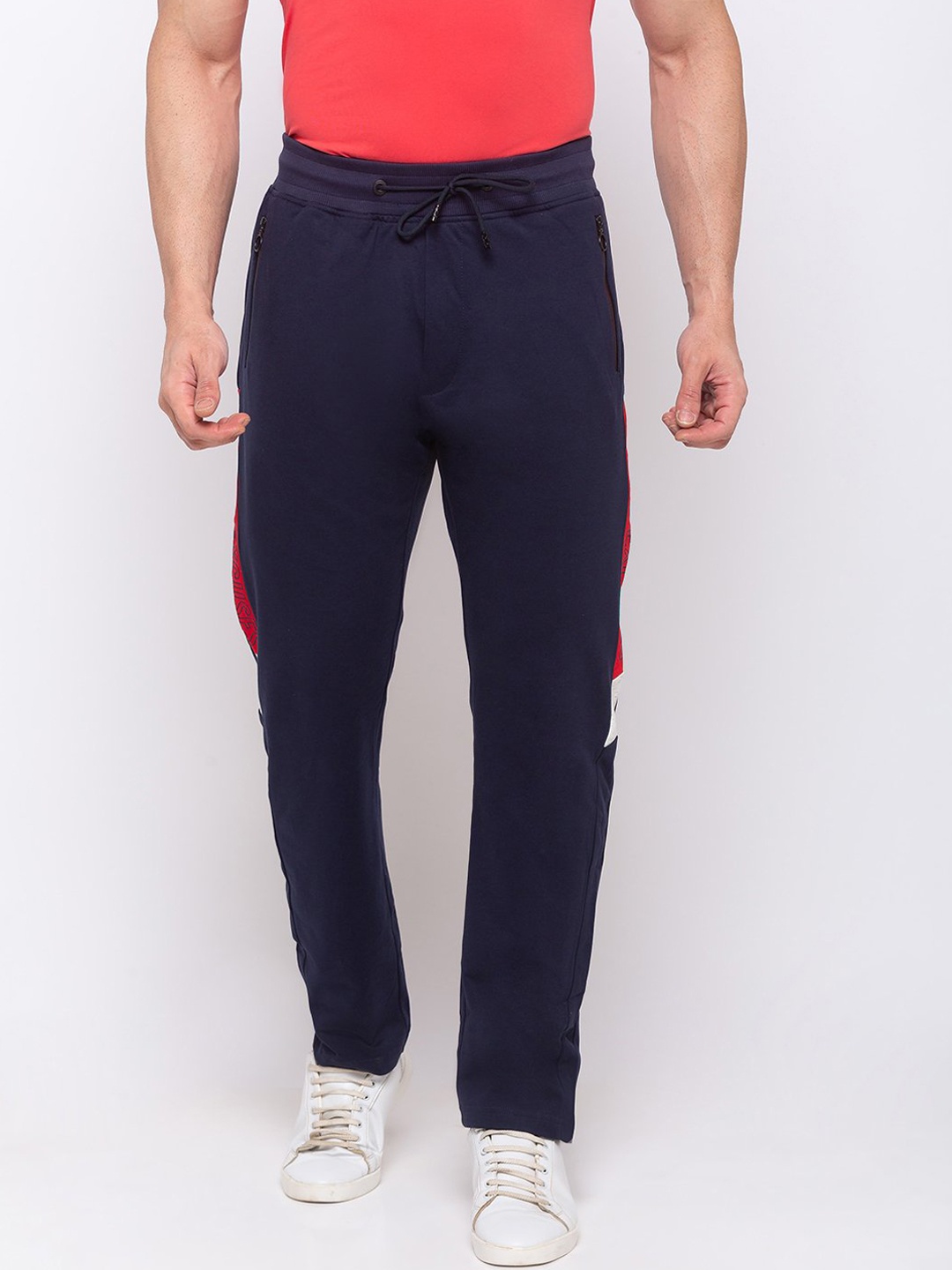 

Status Quo Men Navy Blue and Red Typography Printed Cotton Track Pants