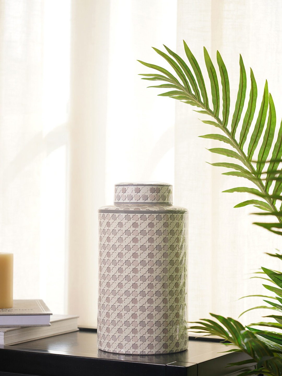 

Pure Home and Living Cream-Coloured Printed Canister