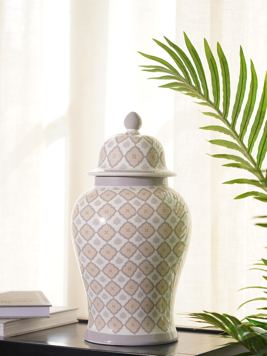 

Pure Home and Living White & Grey Printed Large Canister Showpiece