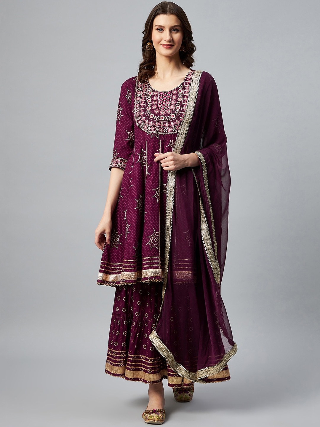 

InWeave Women Purple Bandhani Printed Kurta with Sharara & With Dupatta