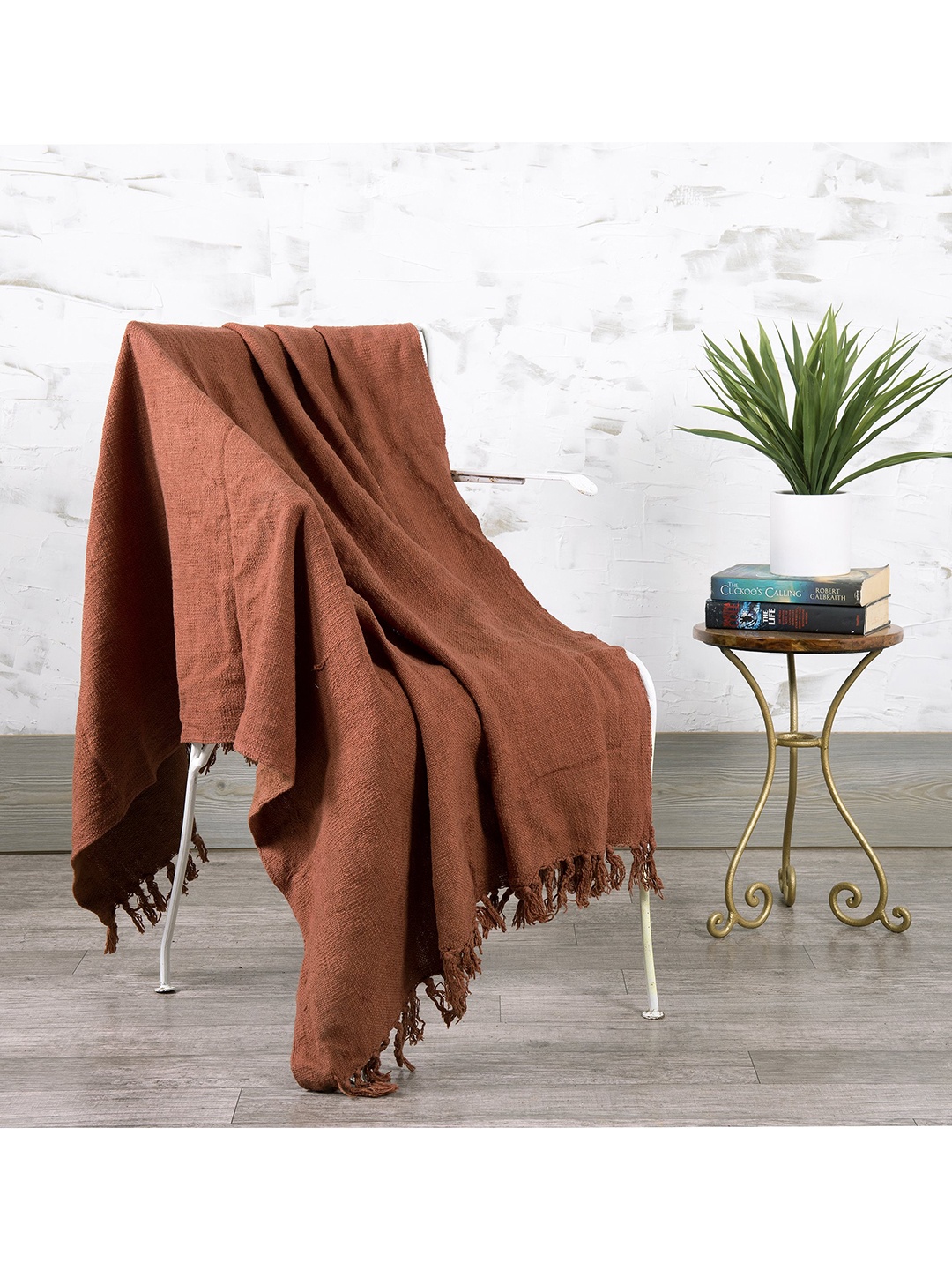 

HANDICRAFT PALACE Rust Colored Solid Woven Cotton Sofa Throw