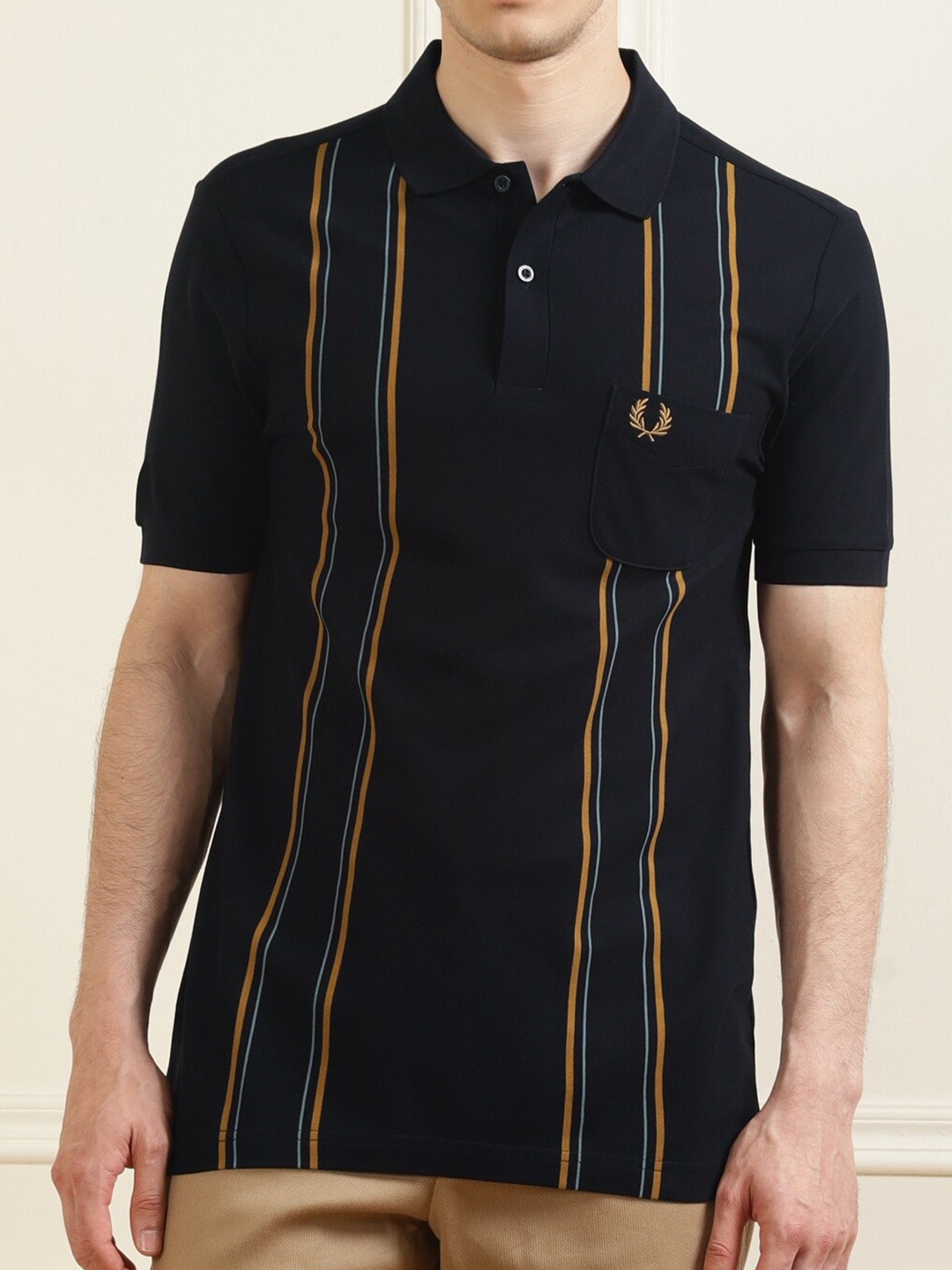

Fred Perry Men Navy Blue Striped Polo Collar T-shirt