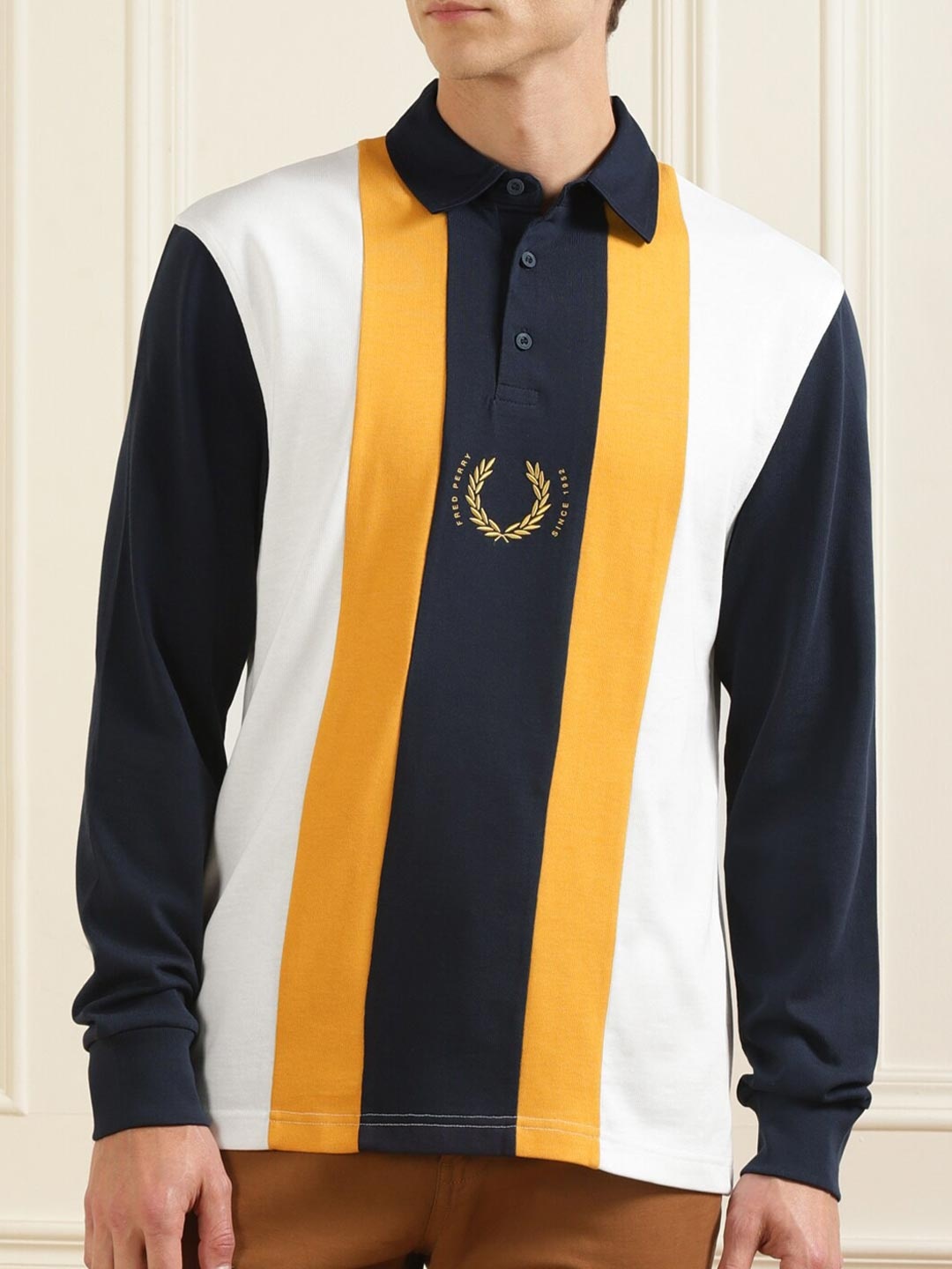

Fred Perry Men White, Yellow & Black Striped Polo Collar T-shirt