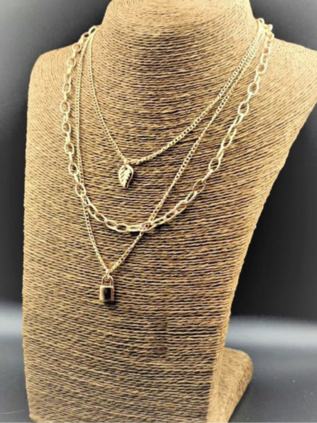

Vembley Gold-Plated Layered Triple Layered Lock & Leaf Pendant Necklace