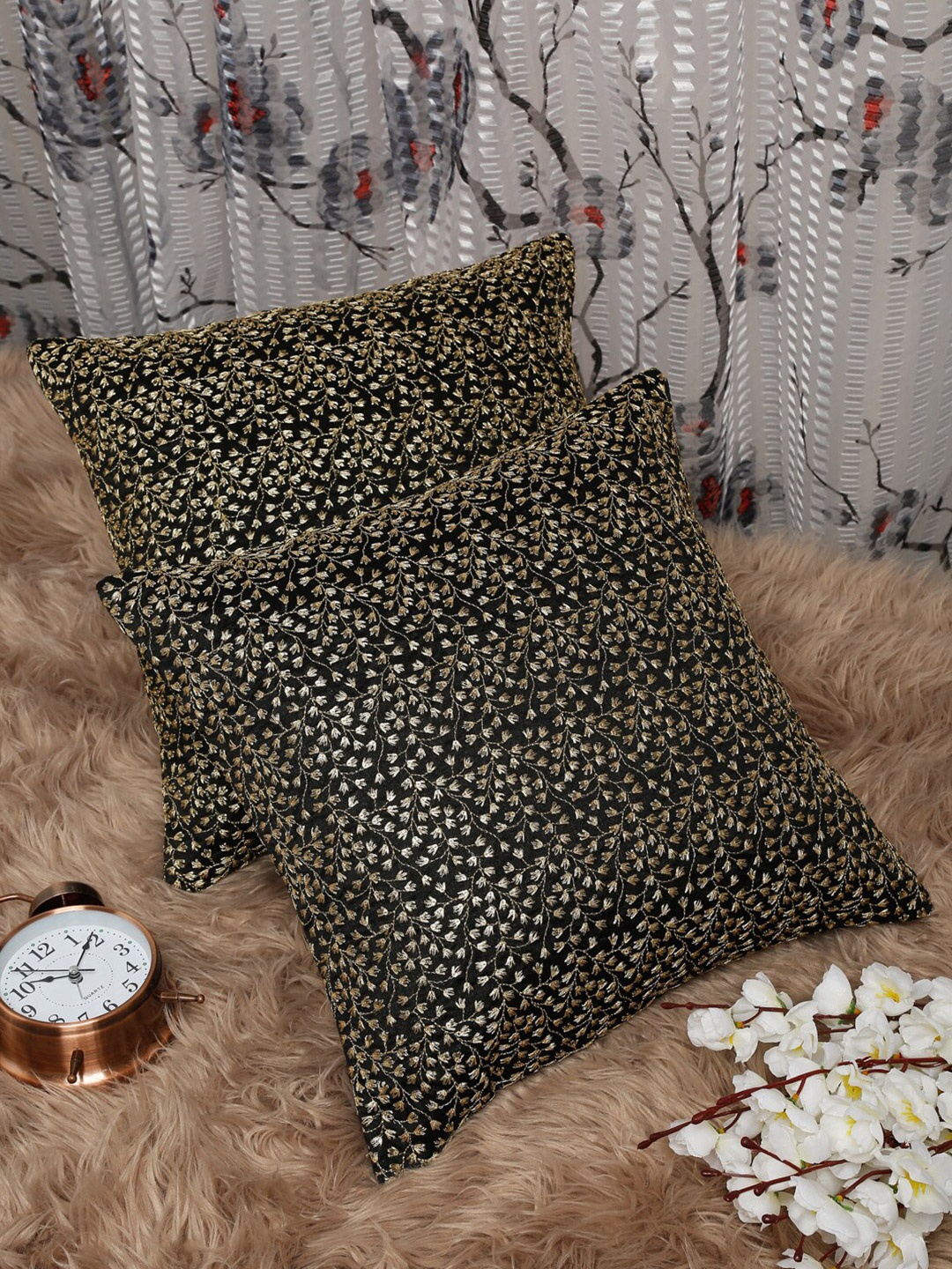 

HOSTA HOMES Set of 2 Black & Gold-Toned Embroidered Square Cushion Covers