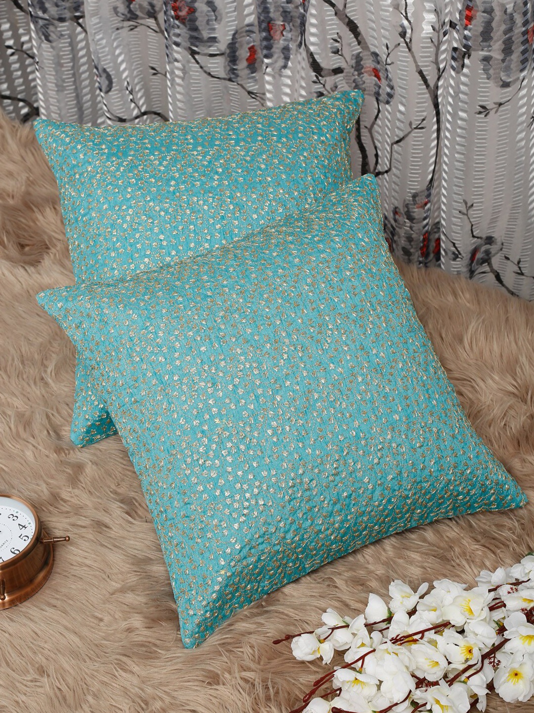 

HOSTA HOMES Turquoise Blue & Gold-Toned Set of 2 Embroidered Square Cushion Covers