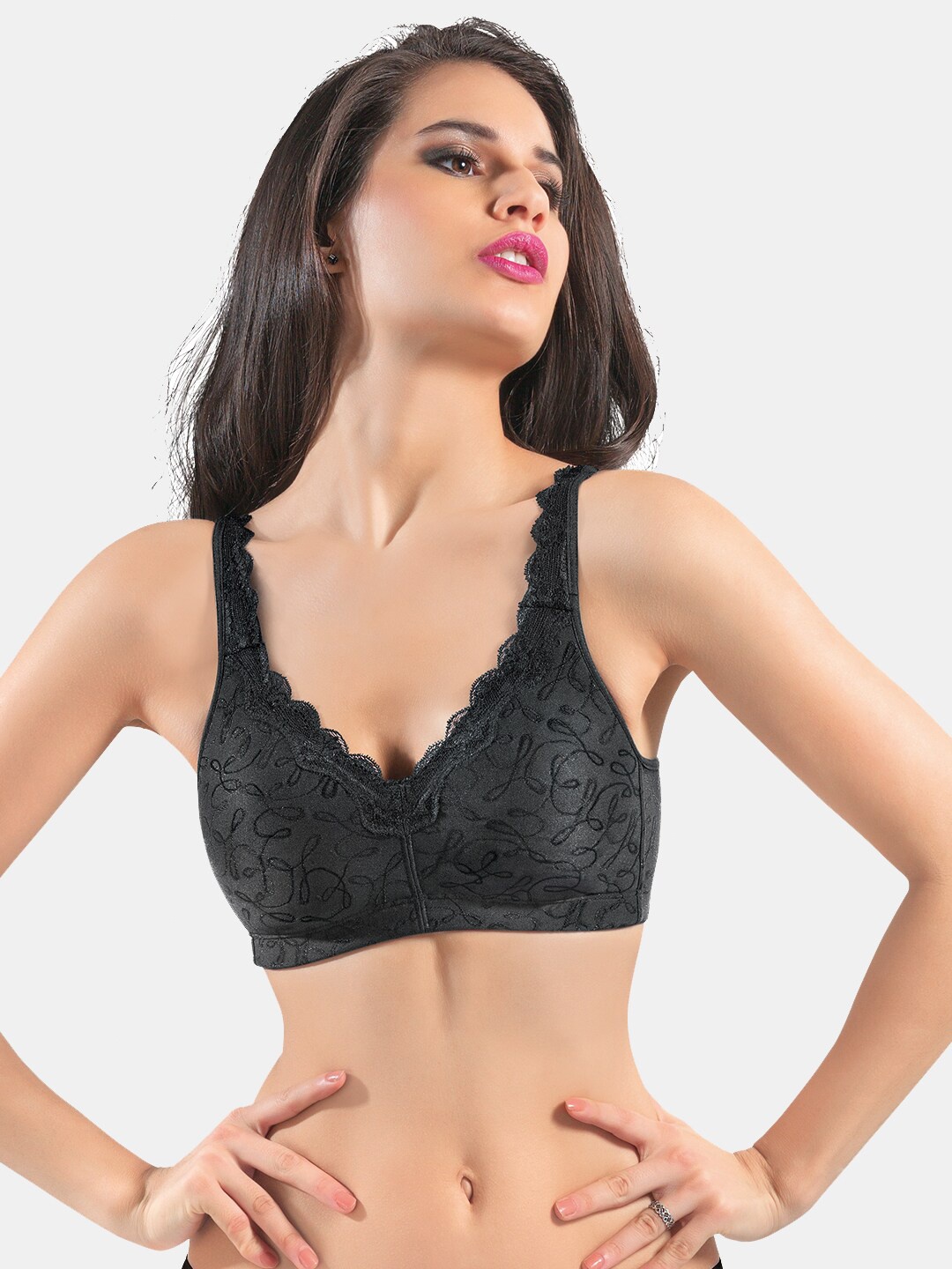 

Dazzle Black Self Design Non-Padded Bra