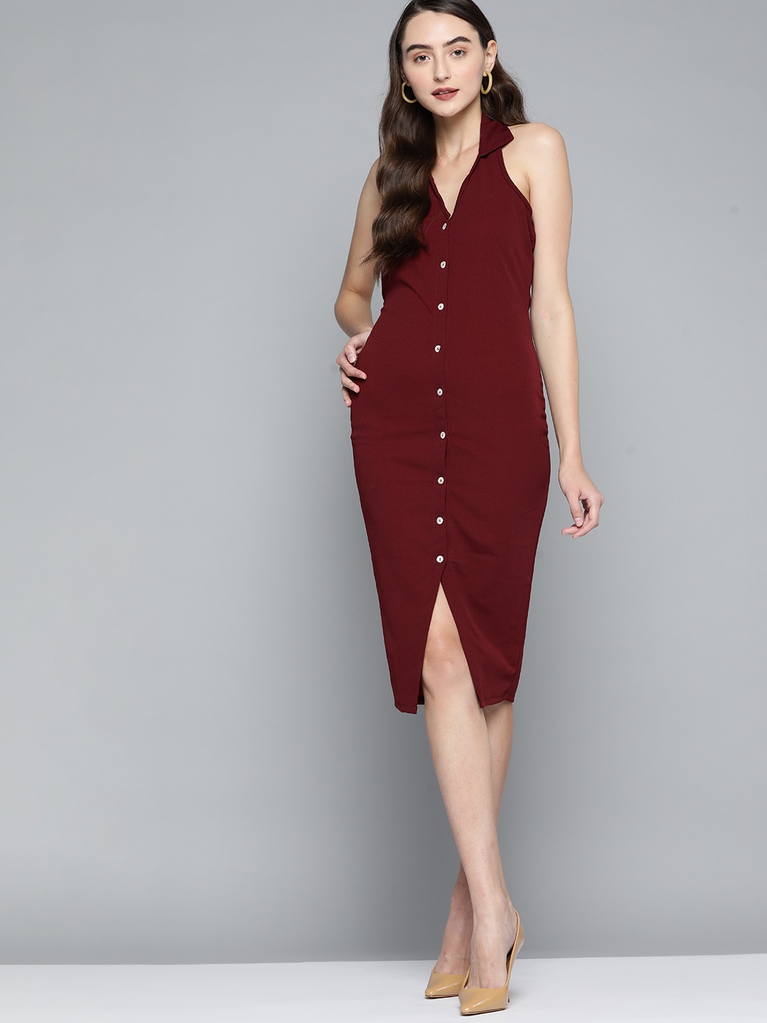 

HERE&NOW Maroon Solid Backless Shirt Midi Dress