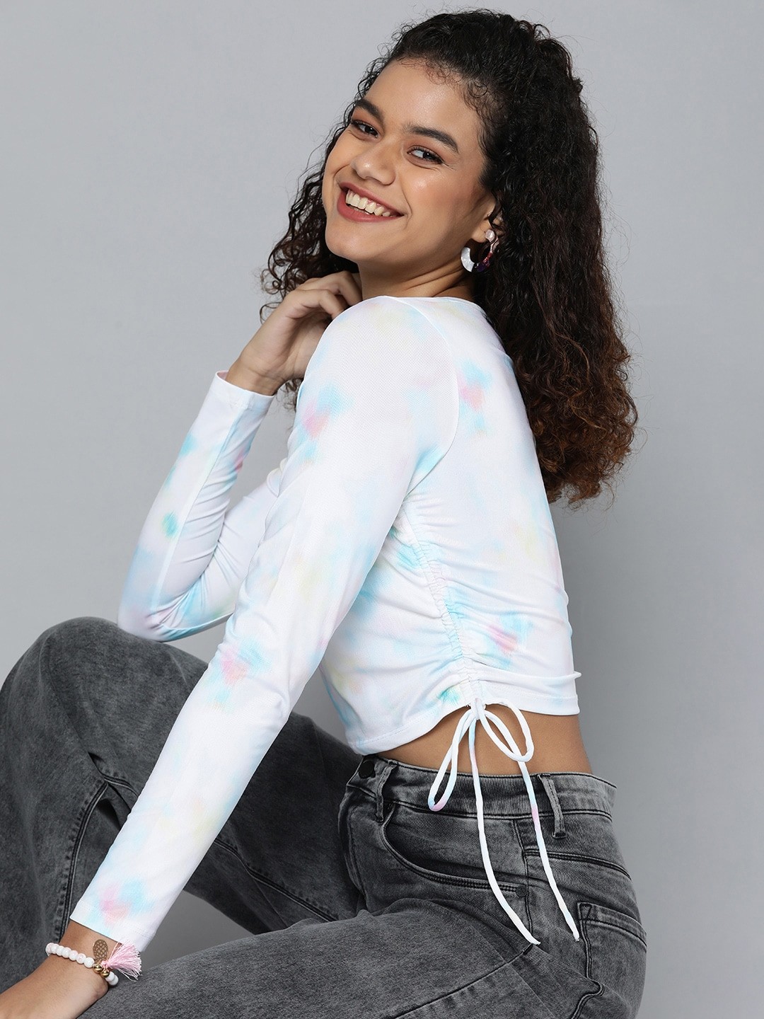 

HERE&NOW Women White & Blue Tie and Dye Printed Crop Top With Tie-ups Detail