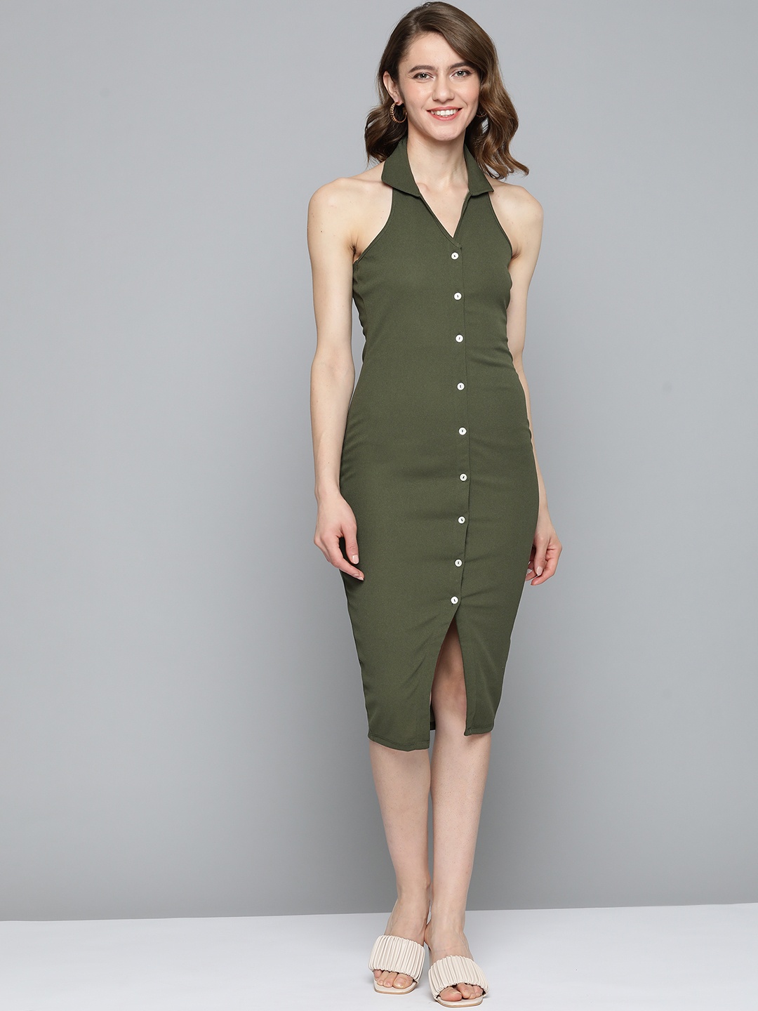 

HERE&NOW Olive Green Solid Bodycon Midi Dress