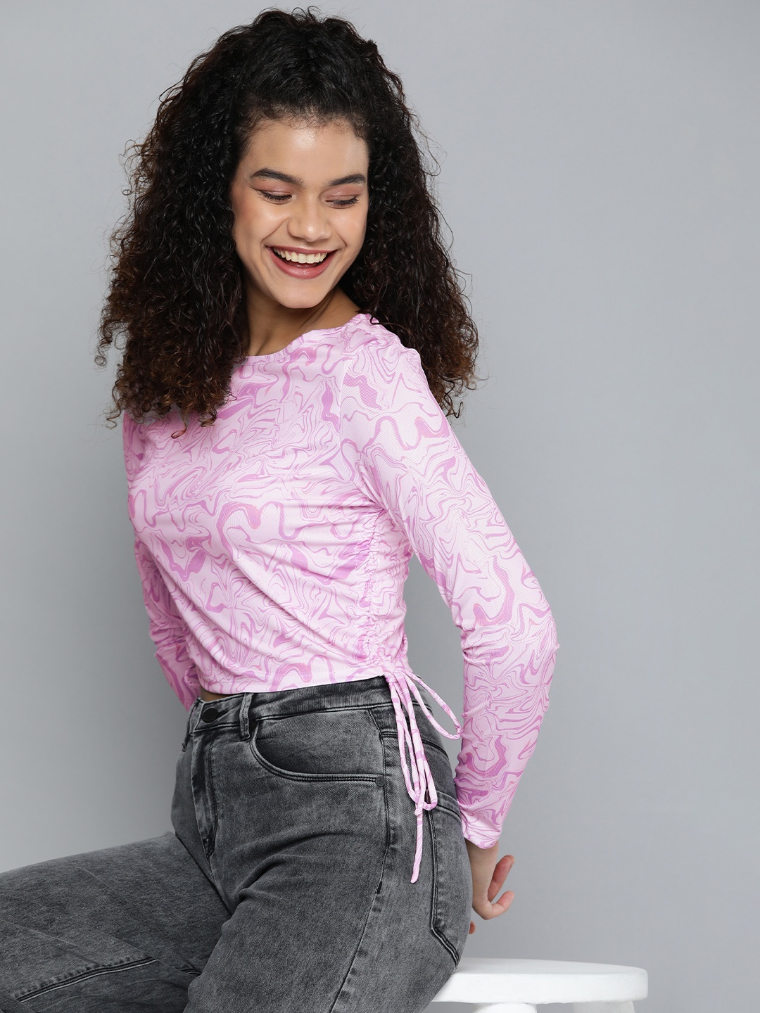 

HERE&NOW Women Lavender & White Abstract Printed Crop Top With Tie-ups Detail